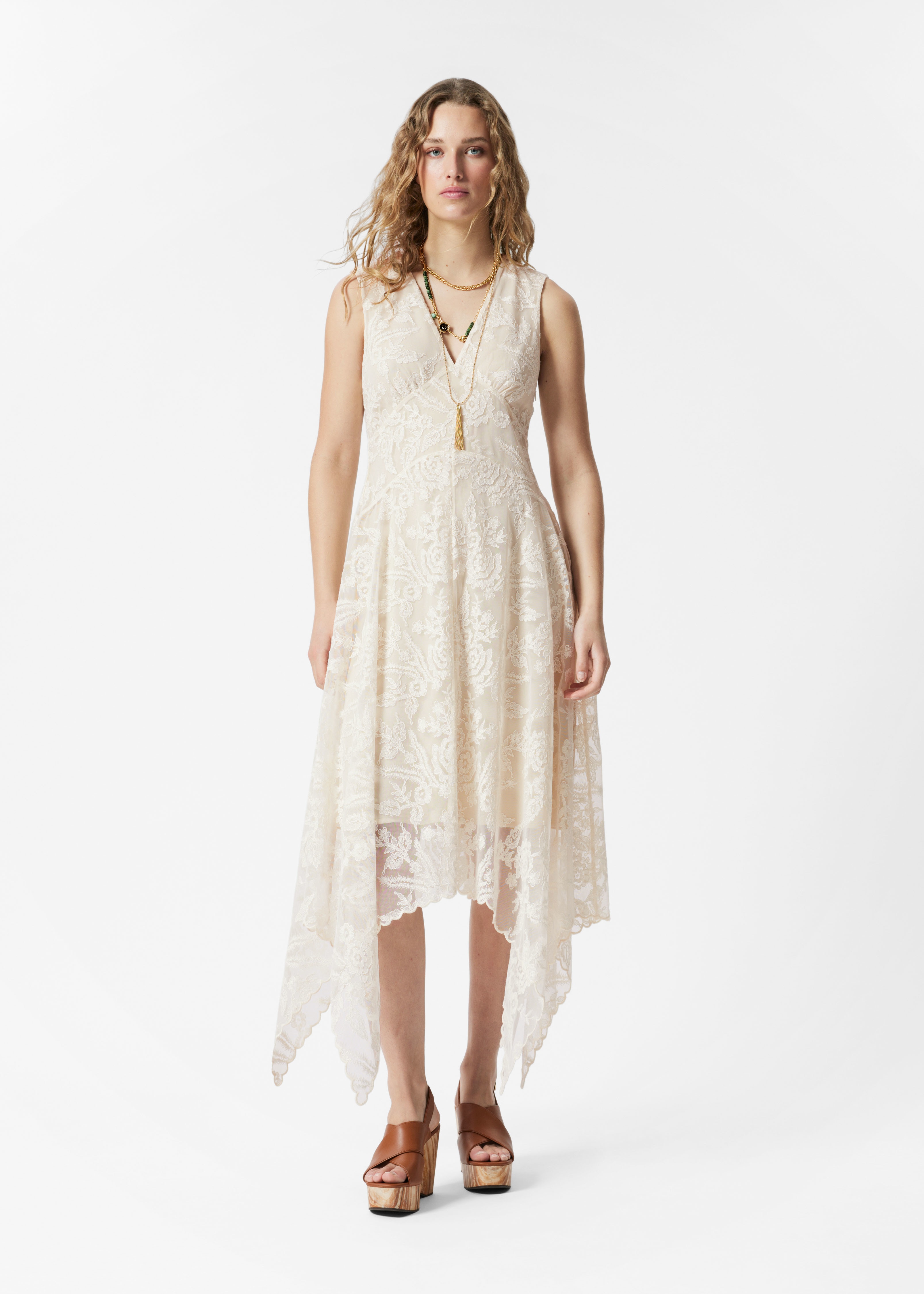 V-Neck Lace Midi Dress - Bílá