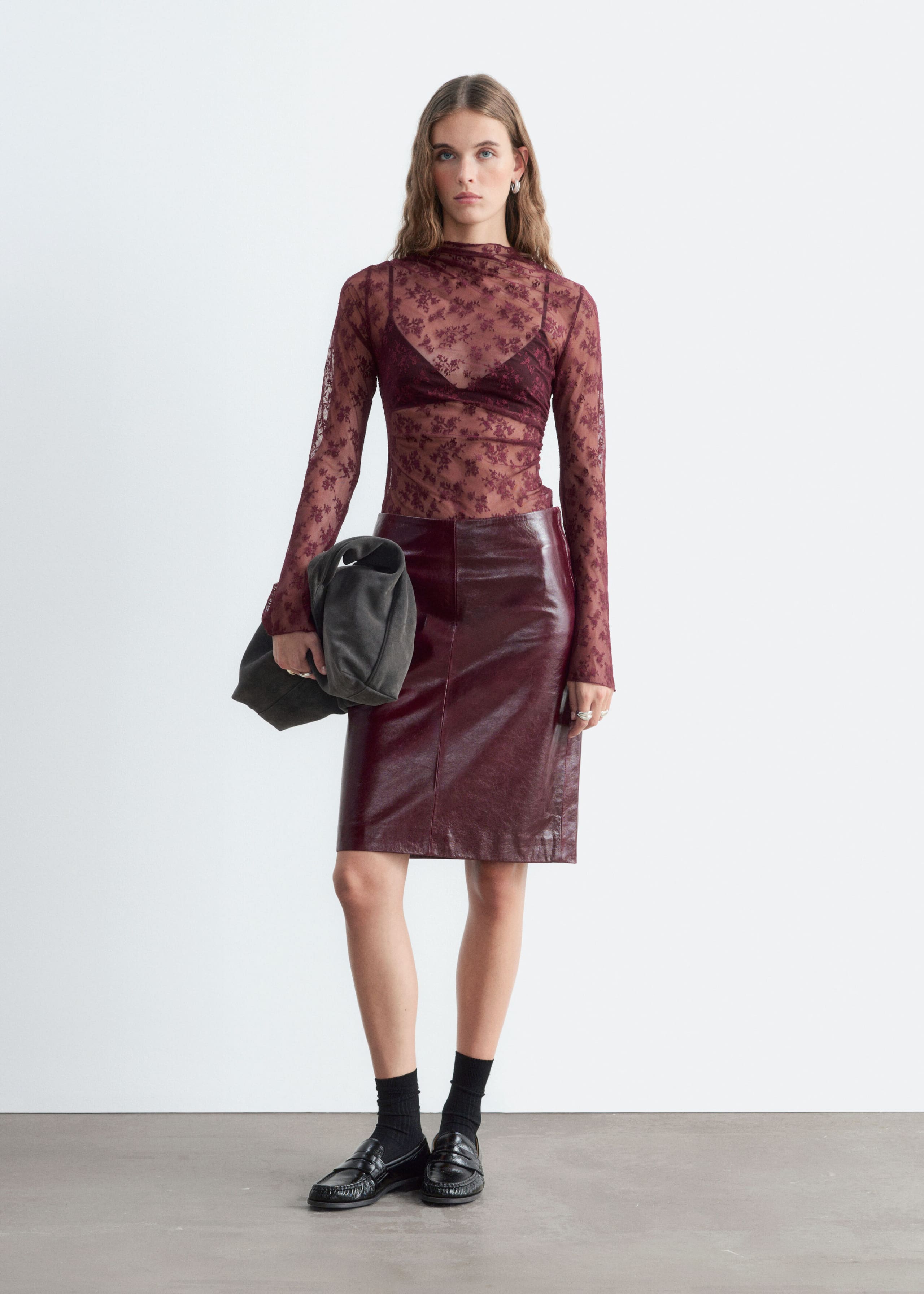 Mock-Neck Lace Top - Dark Red - Lookbook