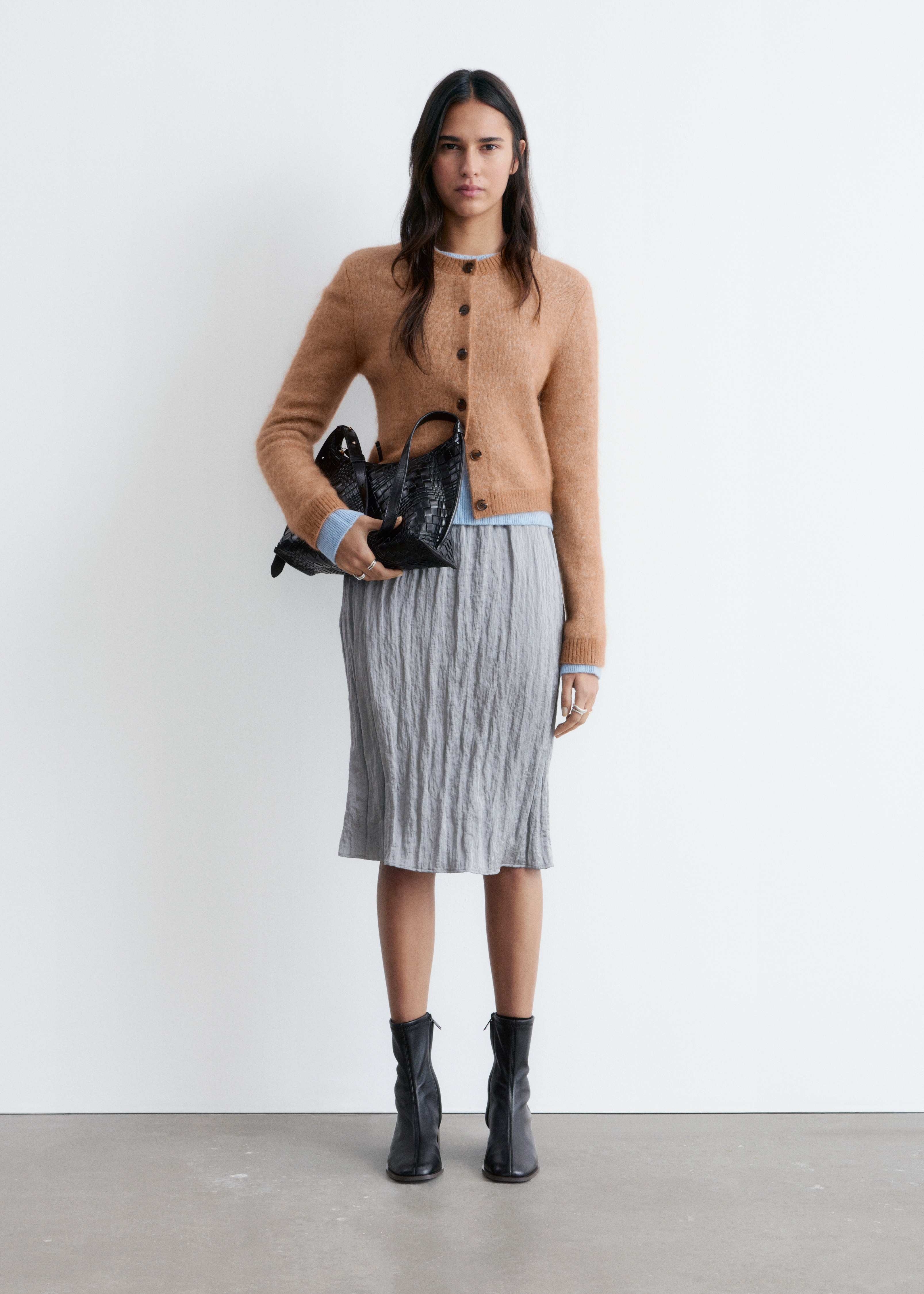 Borstad kofta i mohairblandning - Kamel/Svart/Ljusturkos/Persika