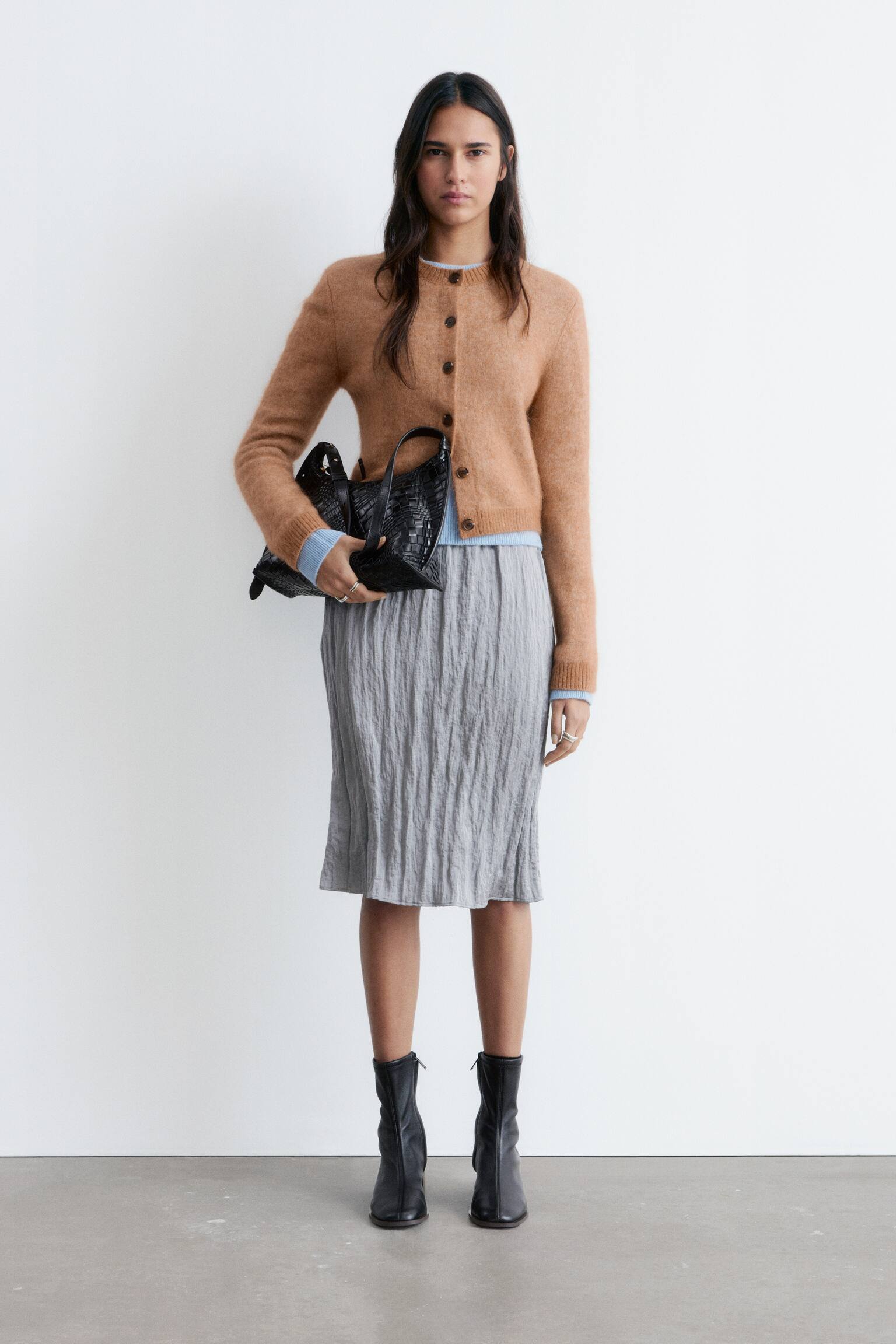 Cardigan i børstet mohairblend - Kamel/Fersken/Sort/Lys turkis - 1