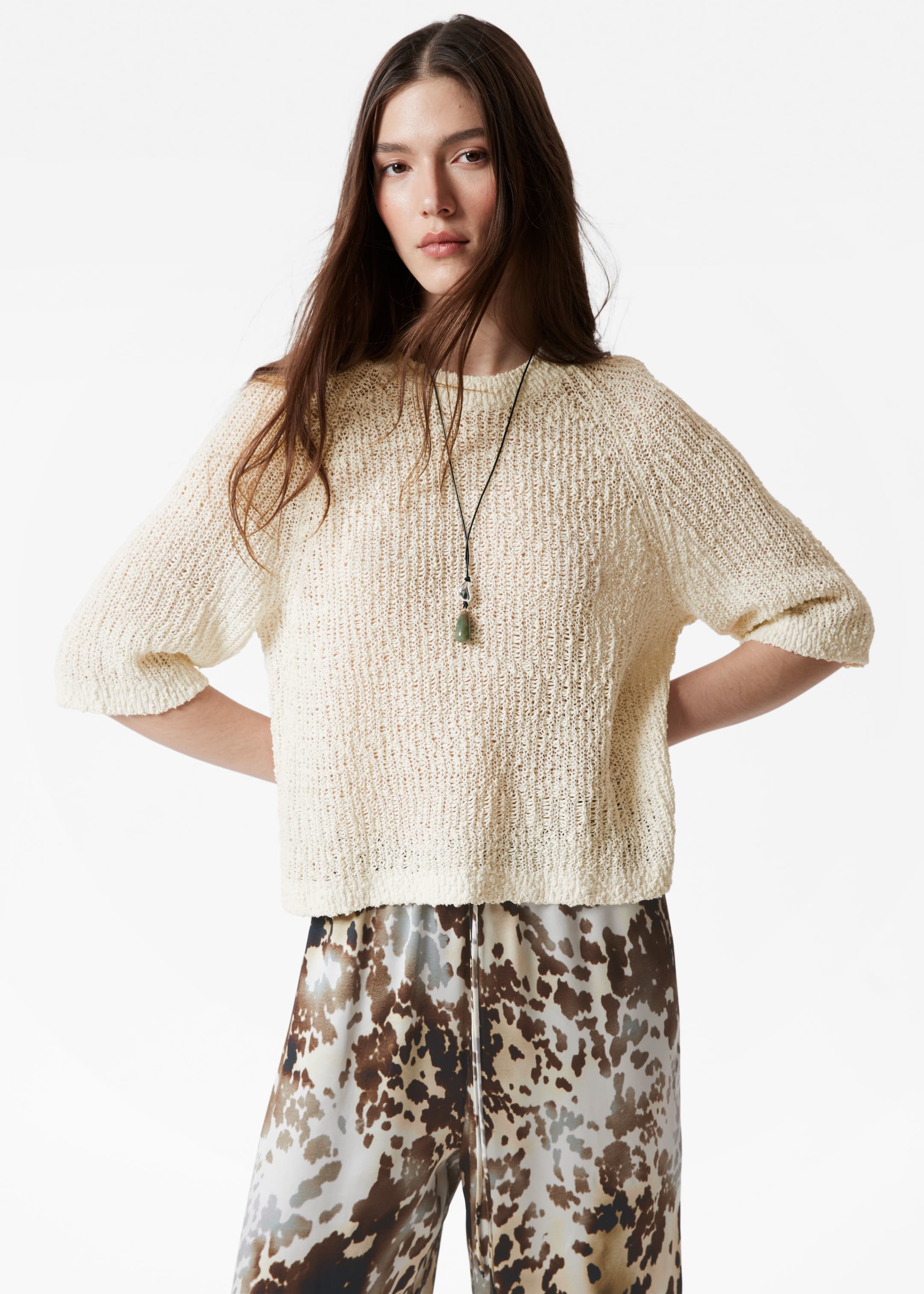 Ver imagem maior: T-shirt de malha de mistura de seda - Creme - SENHORA | H&M PT 1