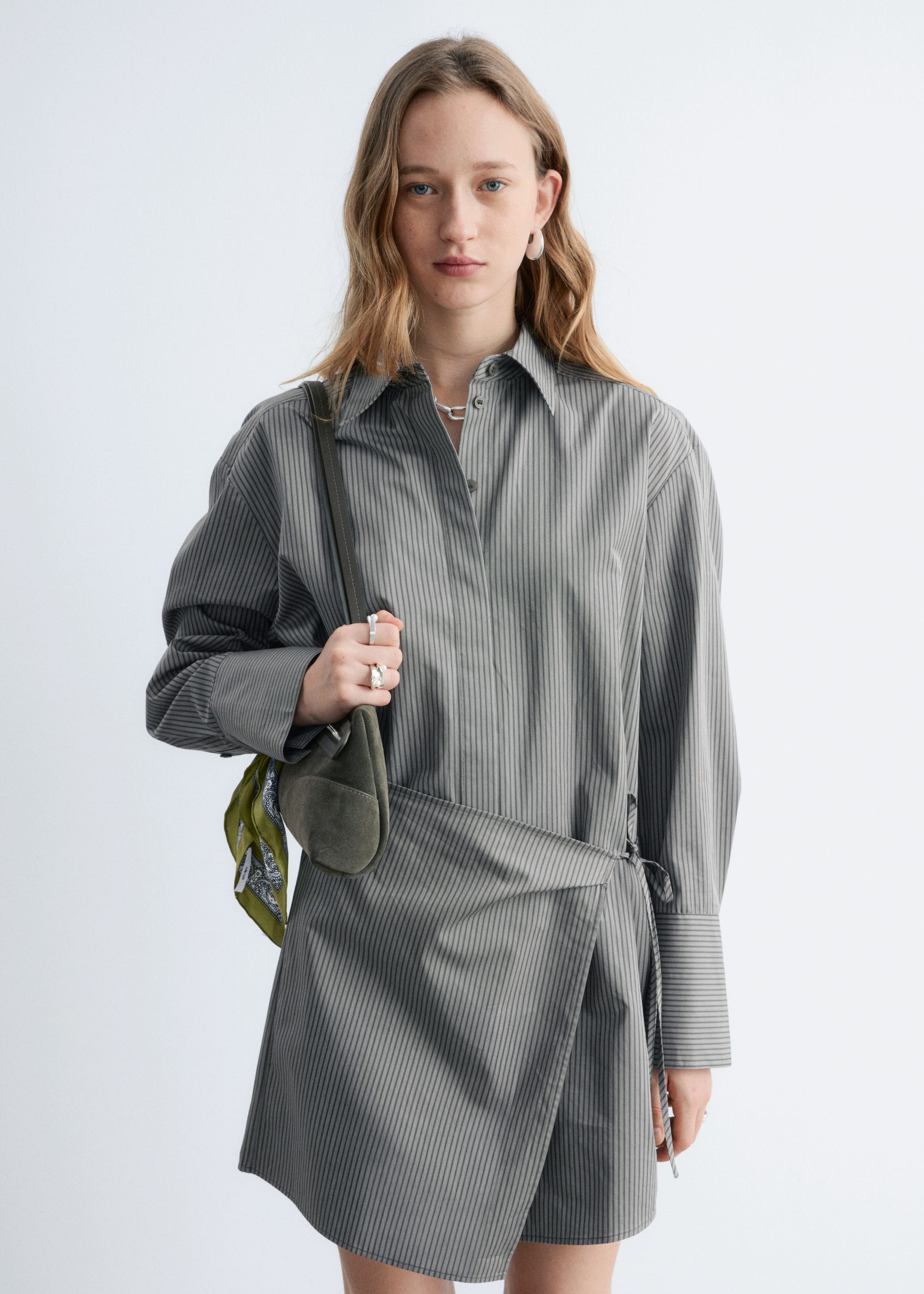 Wrap Shirt Mini Dress - Blue Pinstripes - Lookbook