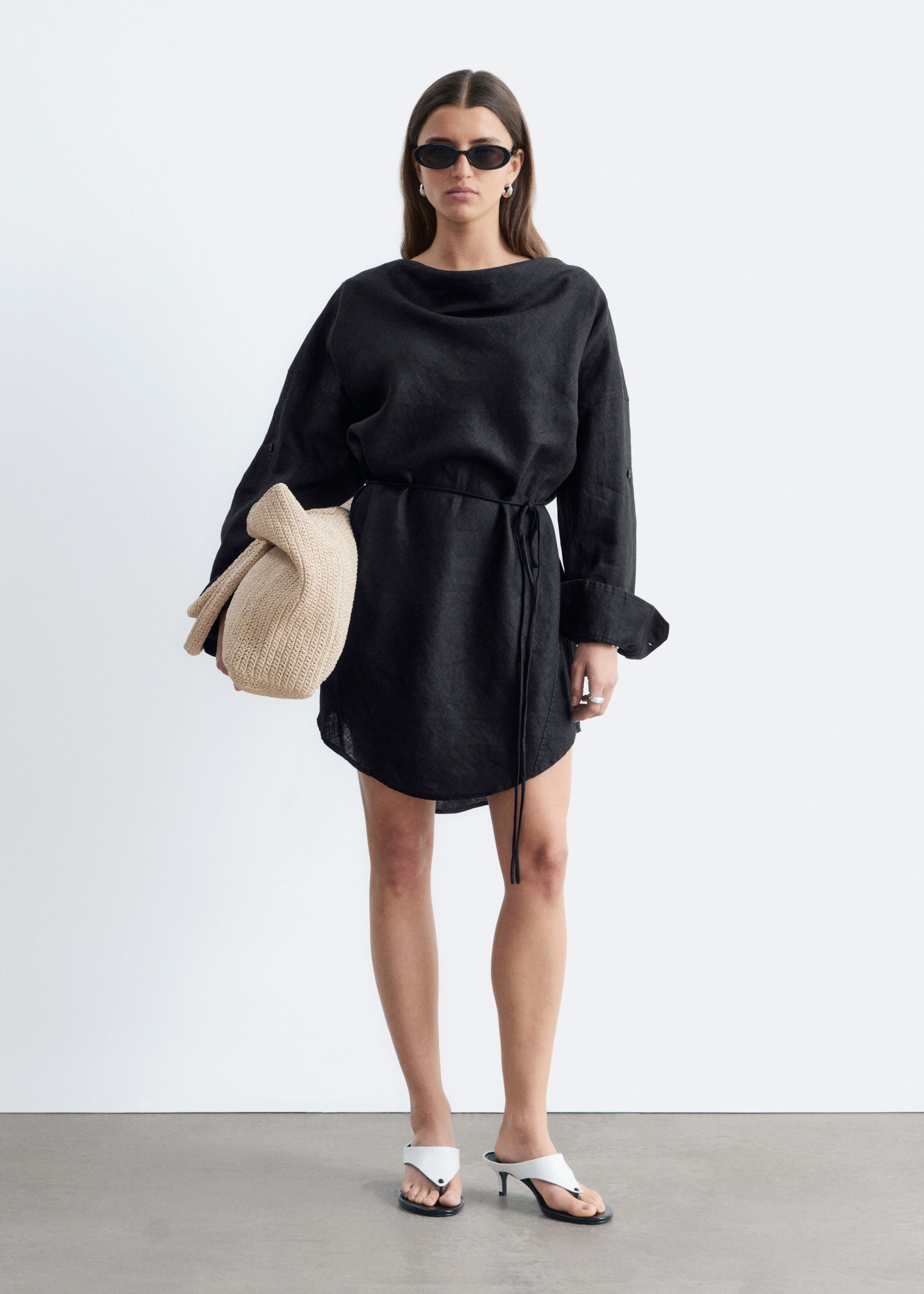 Cowl-Neck Linen Midi Dress - Black - Lookbook