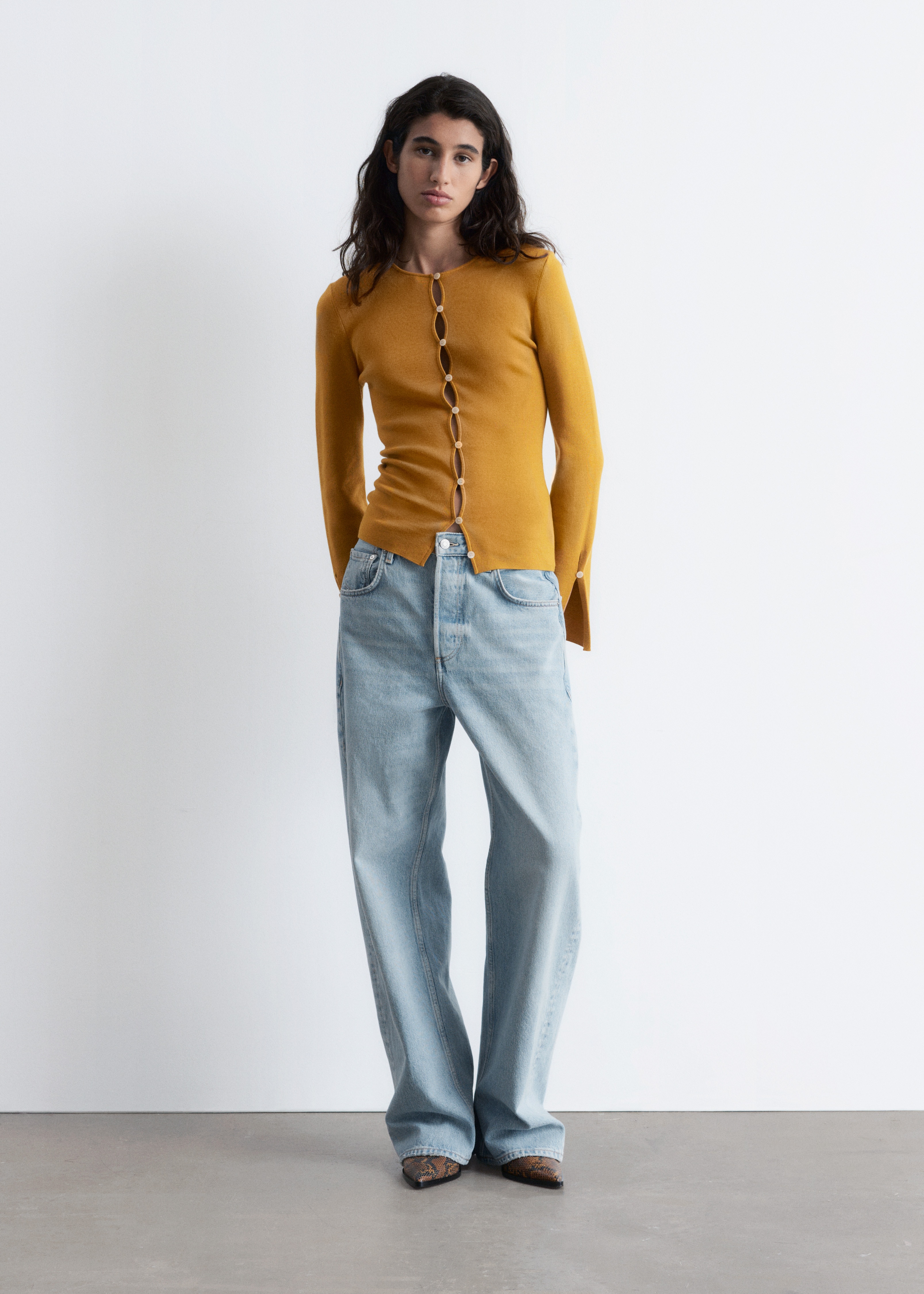 Cárdigan ajustado de lana - Amarillo mostaza/Azul claro