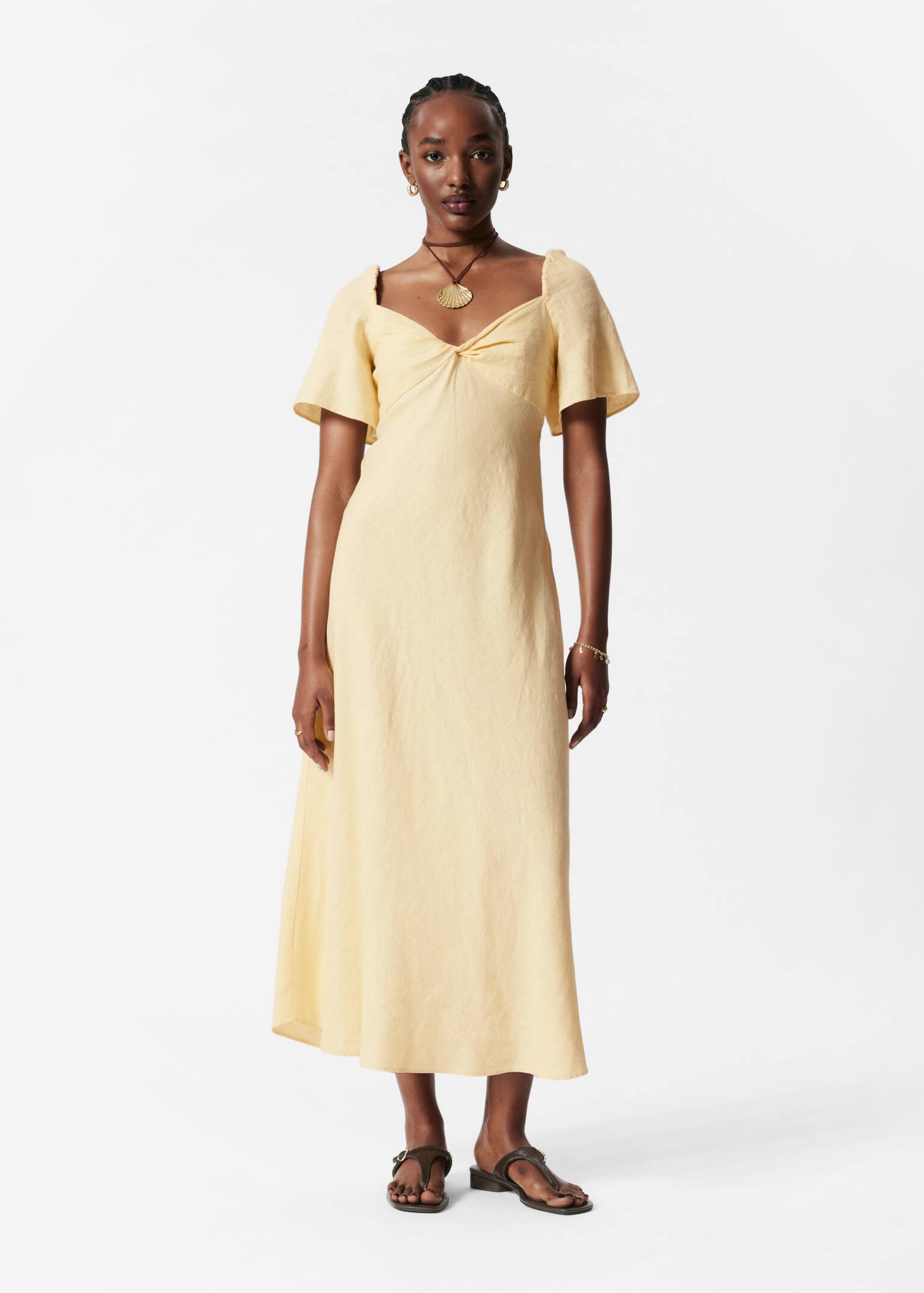 Vestido midi de linho - Amarelo claro/Preto