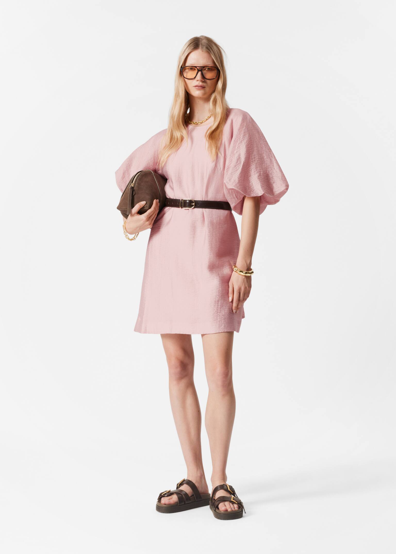 Robe courte à manches volumineuses - Rose clair/Blanc/Motif fleuri rouge/Motif fleuri bleu