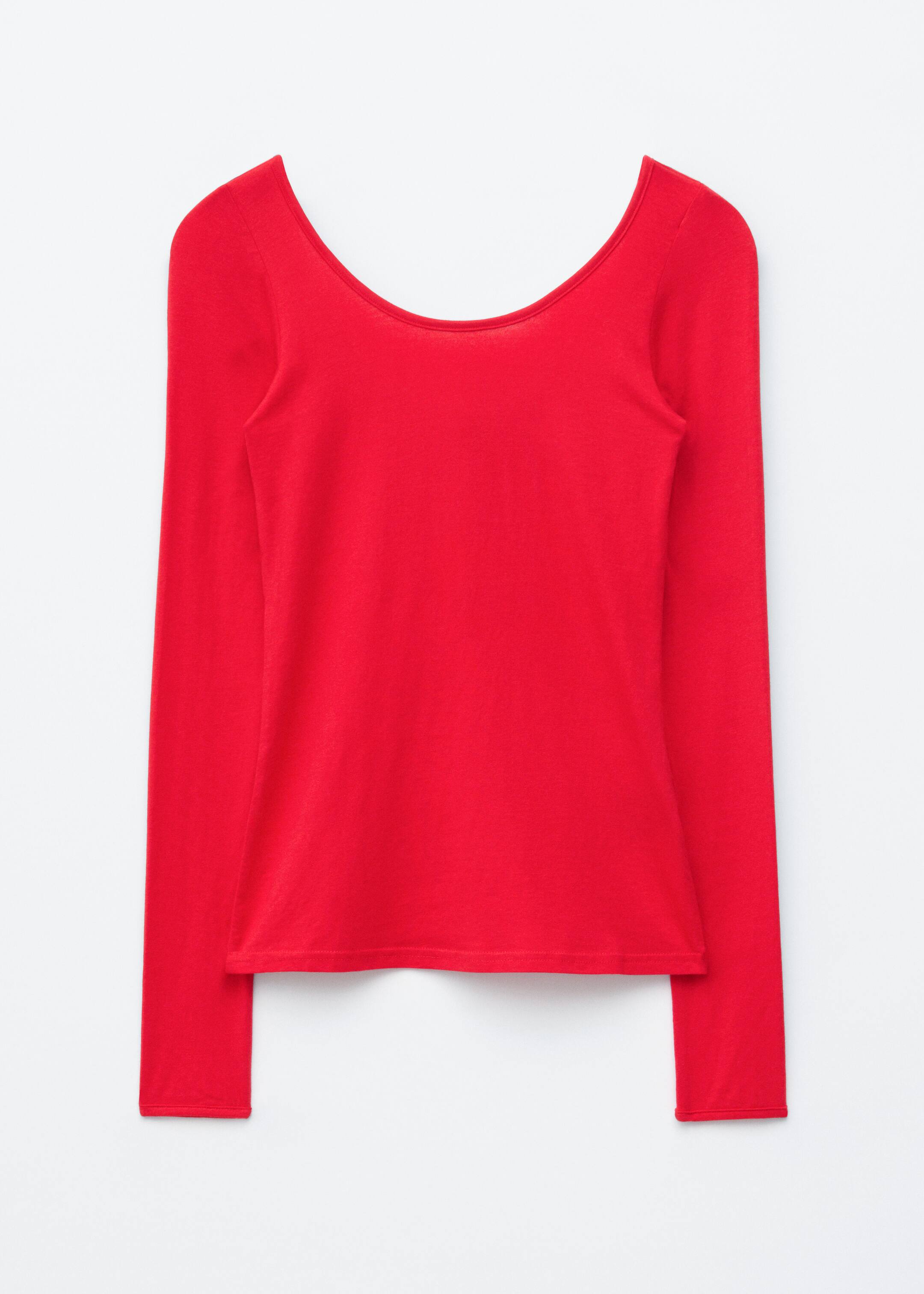 Grotere afbeelding bekijken: Een rood topje met lange mouwen, vervaardigd uit zachte, rekbare jersey, toont zijn VOORKANT en heeft een diepe ronde hals aan de voor- en achterkant.