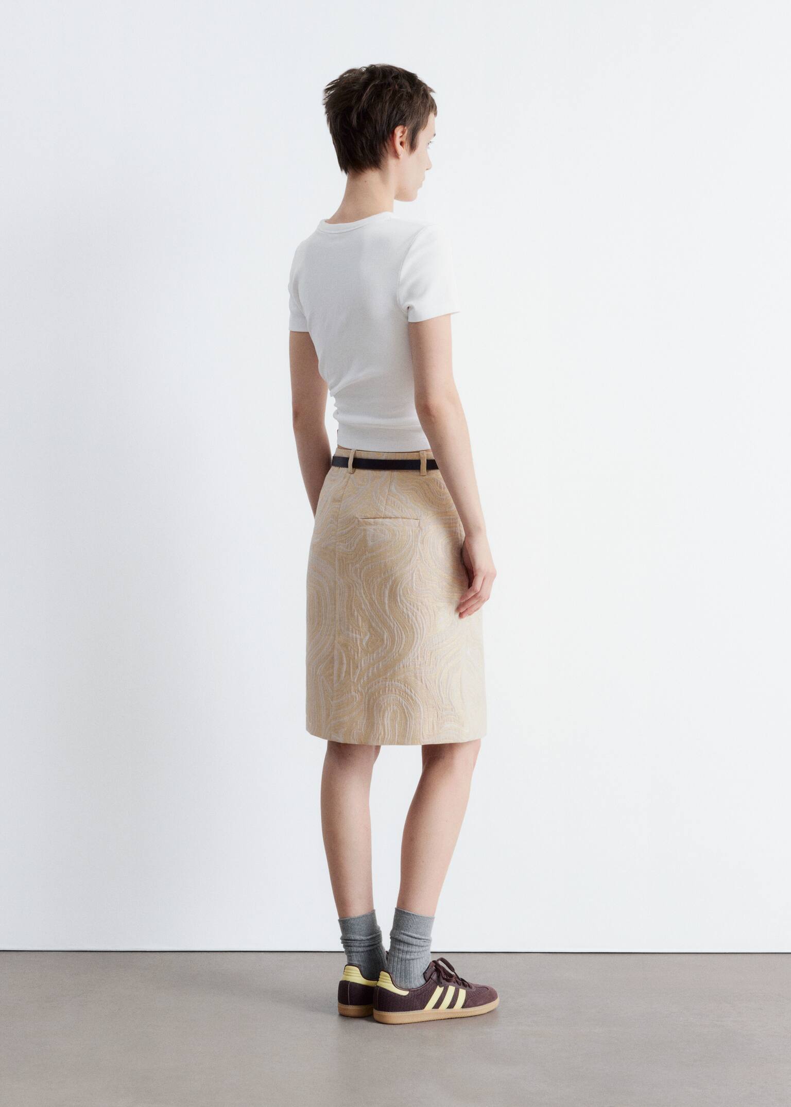 A-formet midi-nederdel i jacquard - Beige/guld - 5