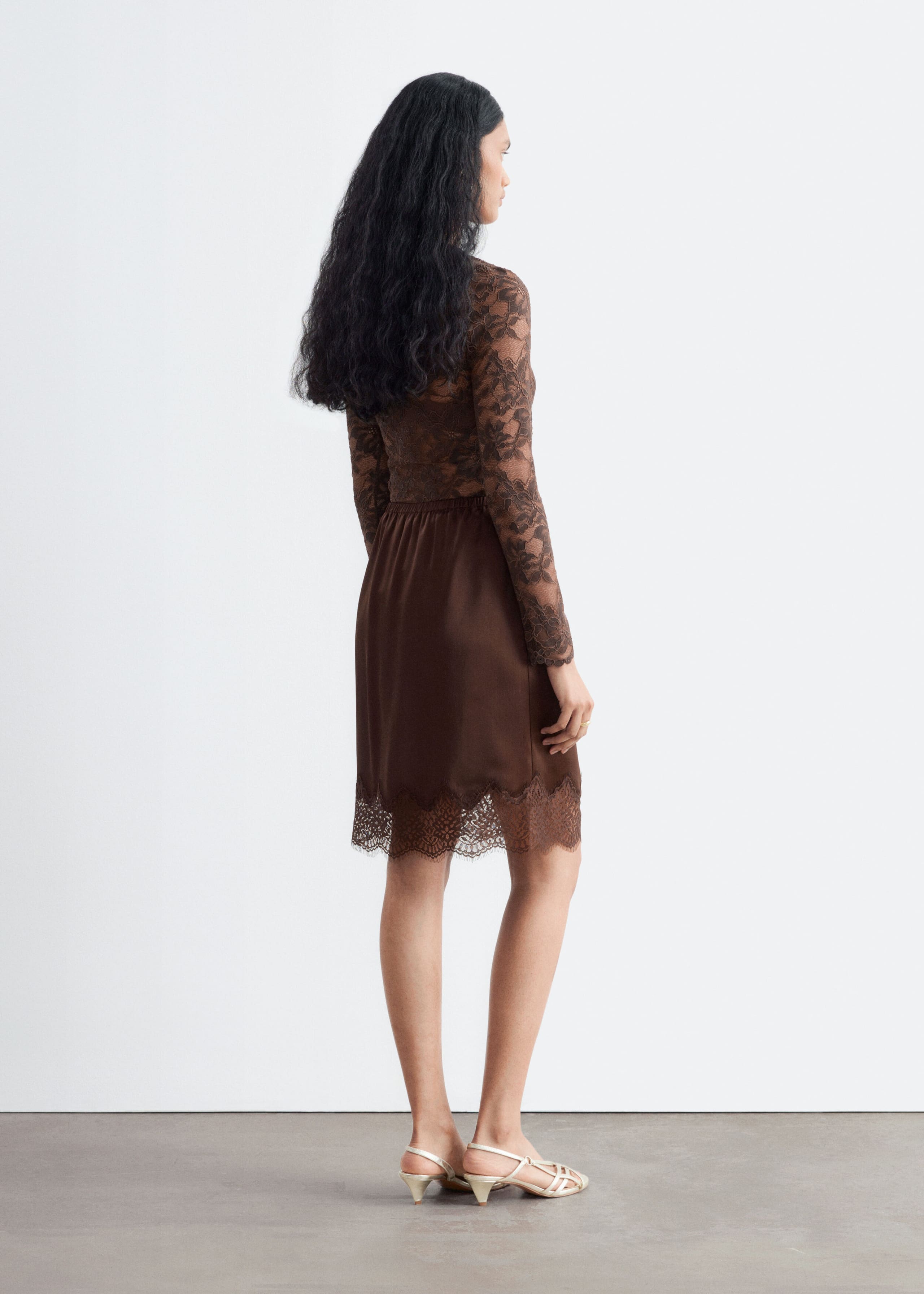 Lace-Trim Satin Skirt Brown