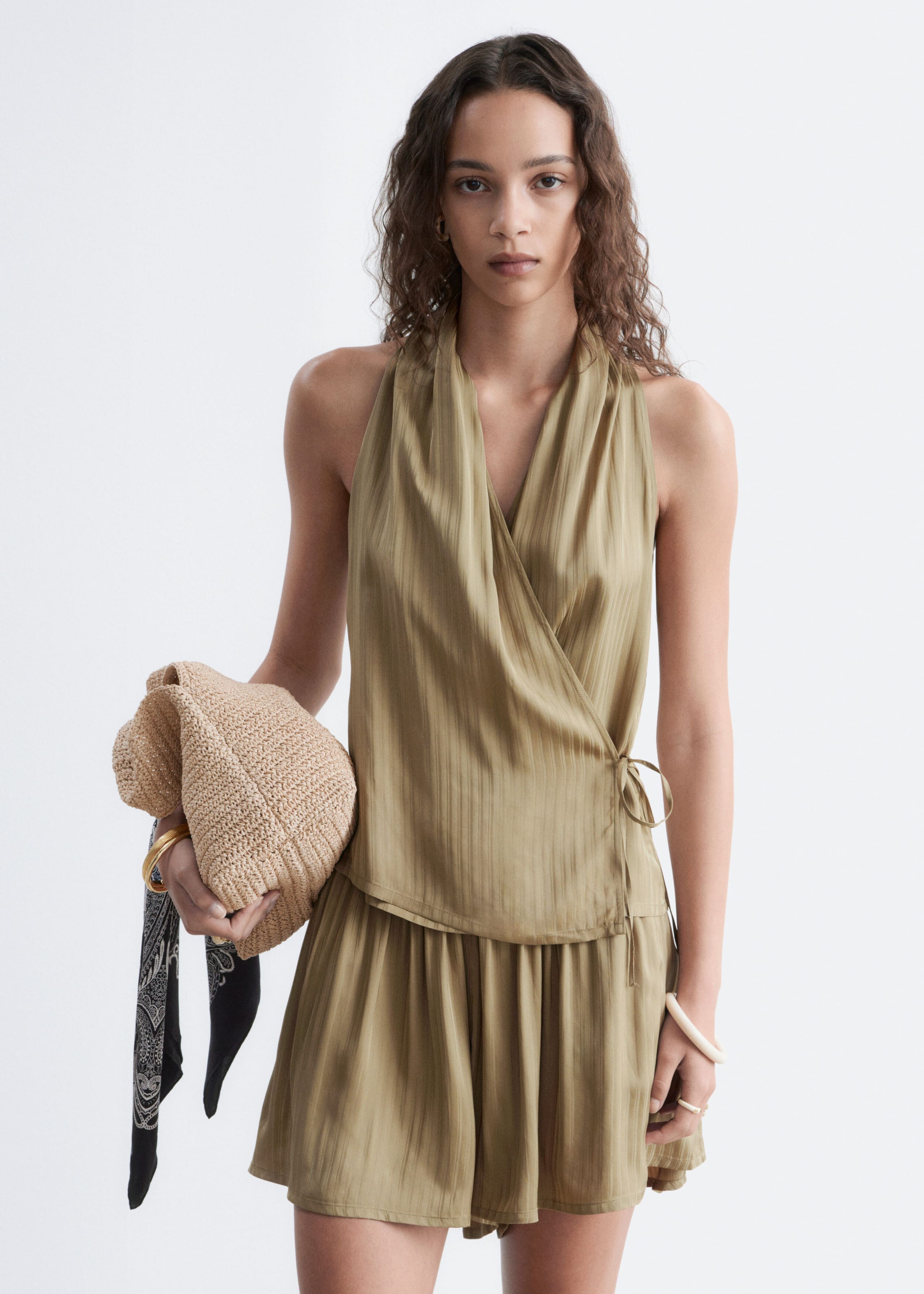 Volume Striped Satin Shorts - Dark Beige - Lookbook