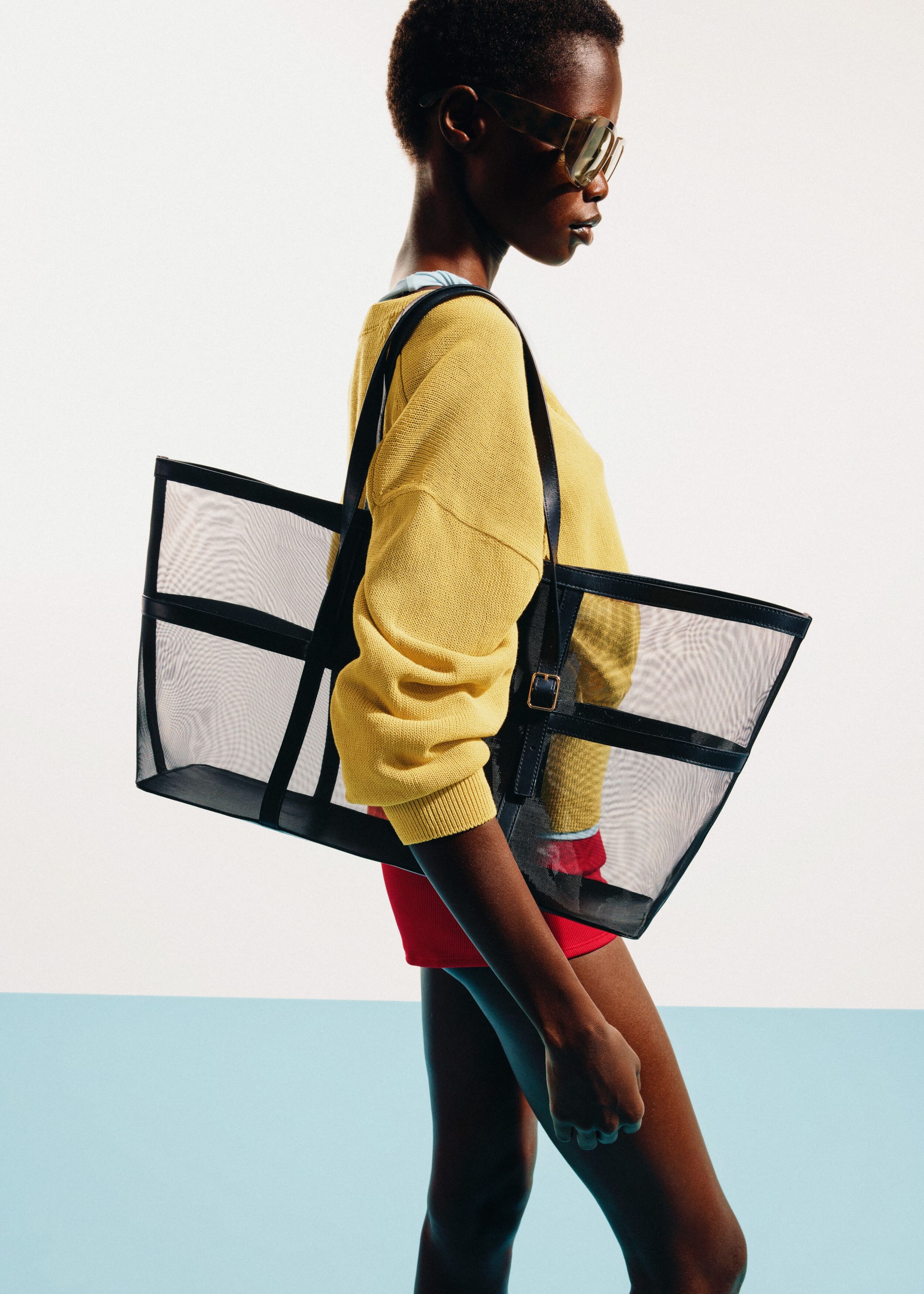 Leather Detail Mesh Tote - Black - Still Life