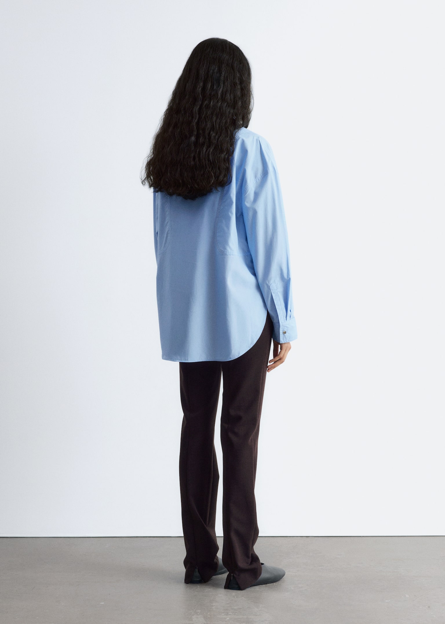 Long Stand-Collar Cotton Shirt - Light Blue/White - 5