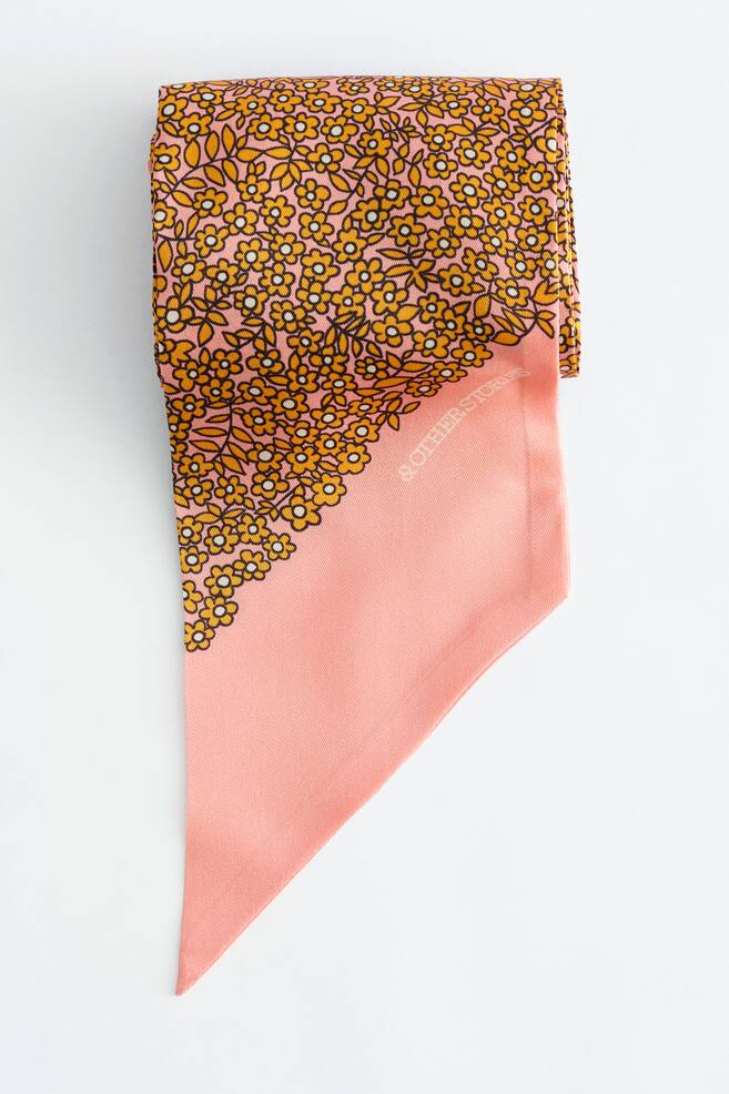 Foulard fin en soie à imprimé - Rose délavé/Motif floral/Terracotta/Motifs fleuris - 1