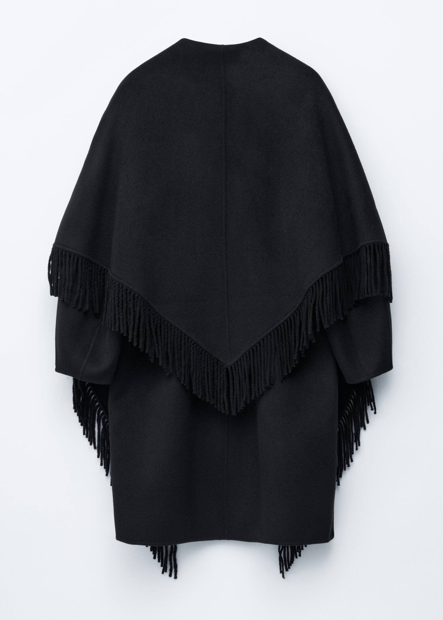 Fringed Shawl Wool Coat - Black - 8