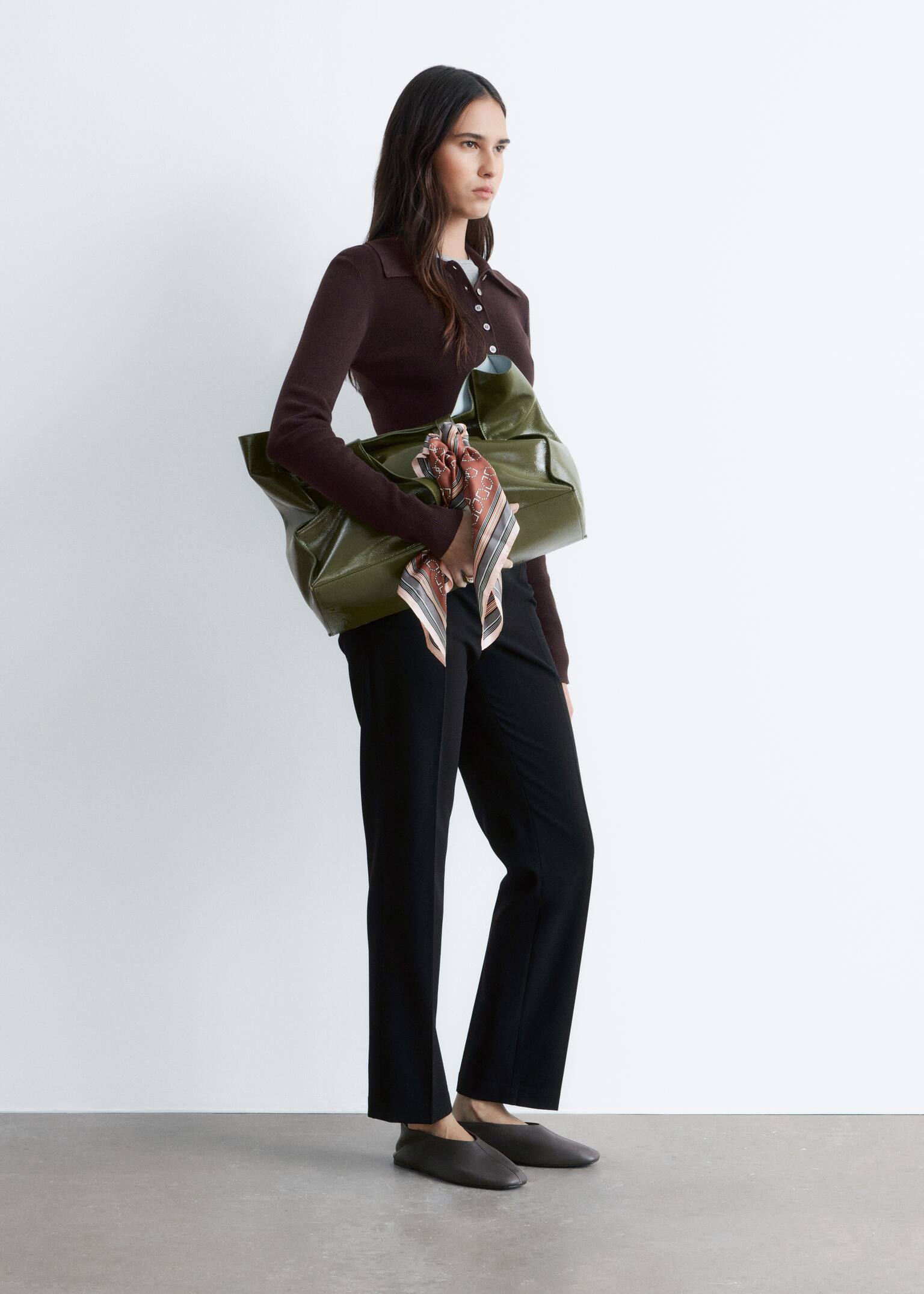 Ribgebreid poloshirt van merinowol - Donkerbruin/Perzik/Grijs gemêleerd - 3