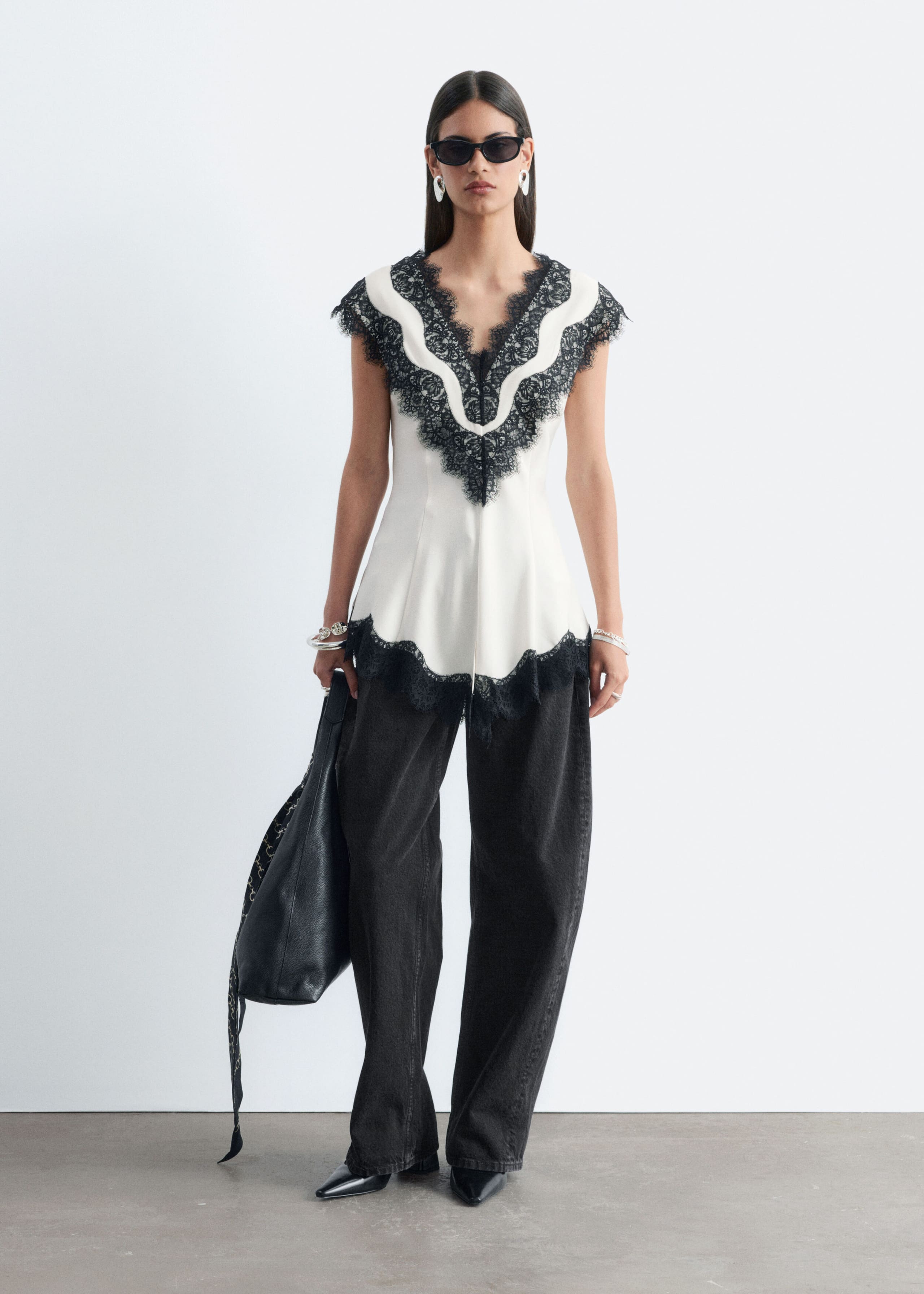 Lace-Trim V-Neck Top - White/Black - Still Life
