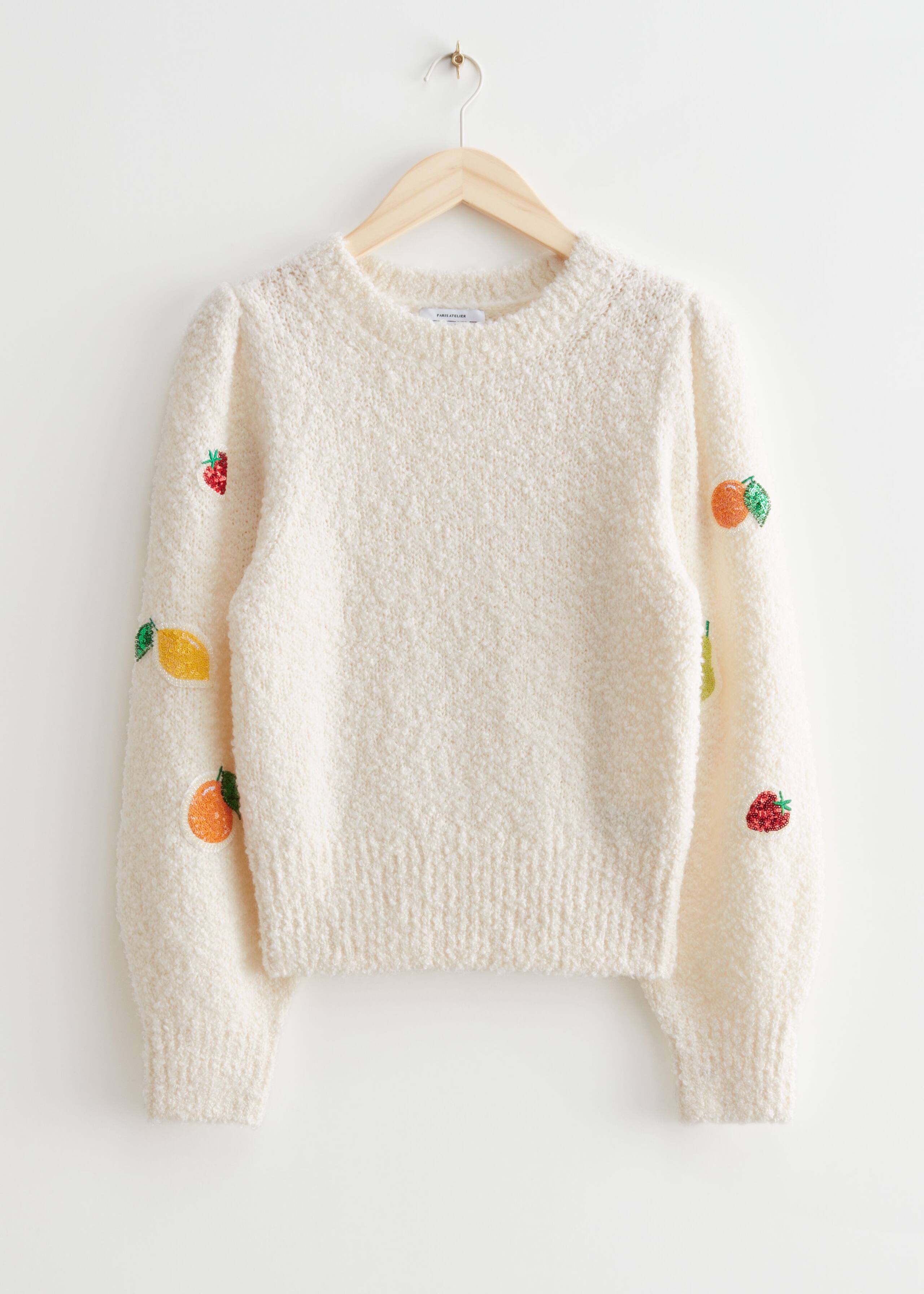 Sequin Patch Knit Sweater - White - Bodegón