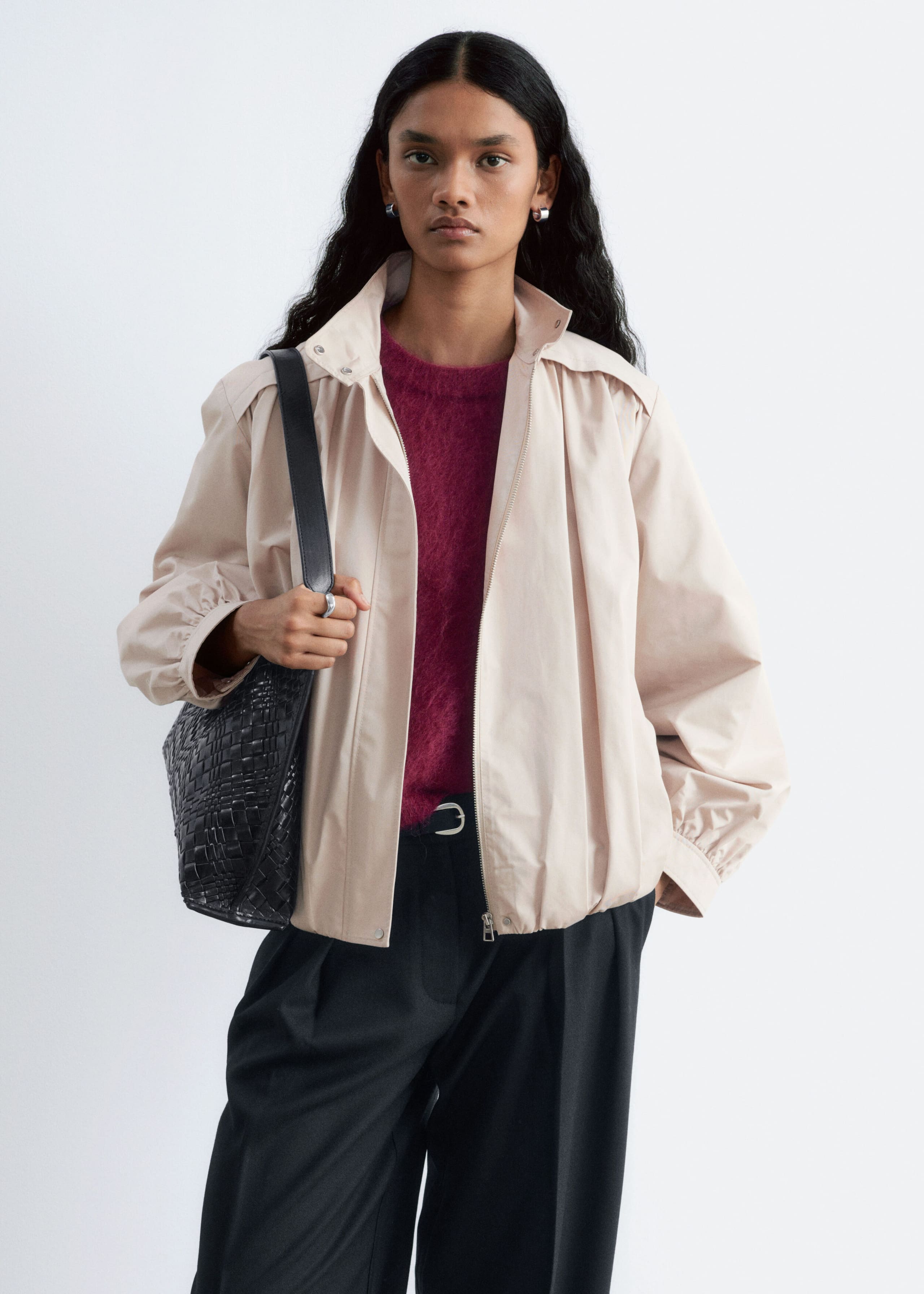 Gathered Stand-Collar Jacket - Beige - Lookbook