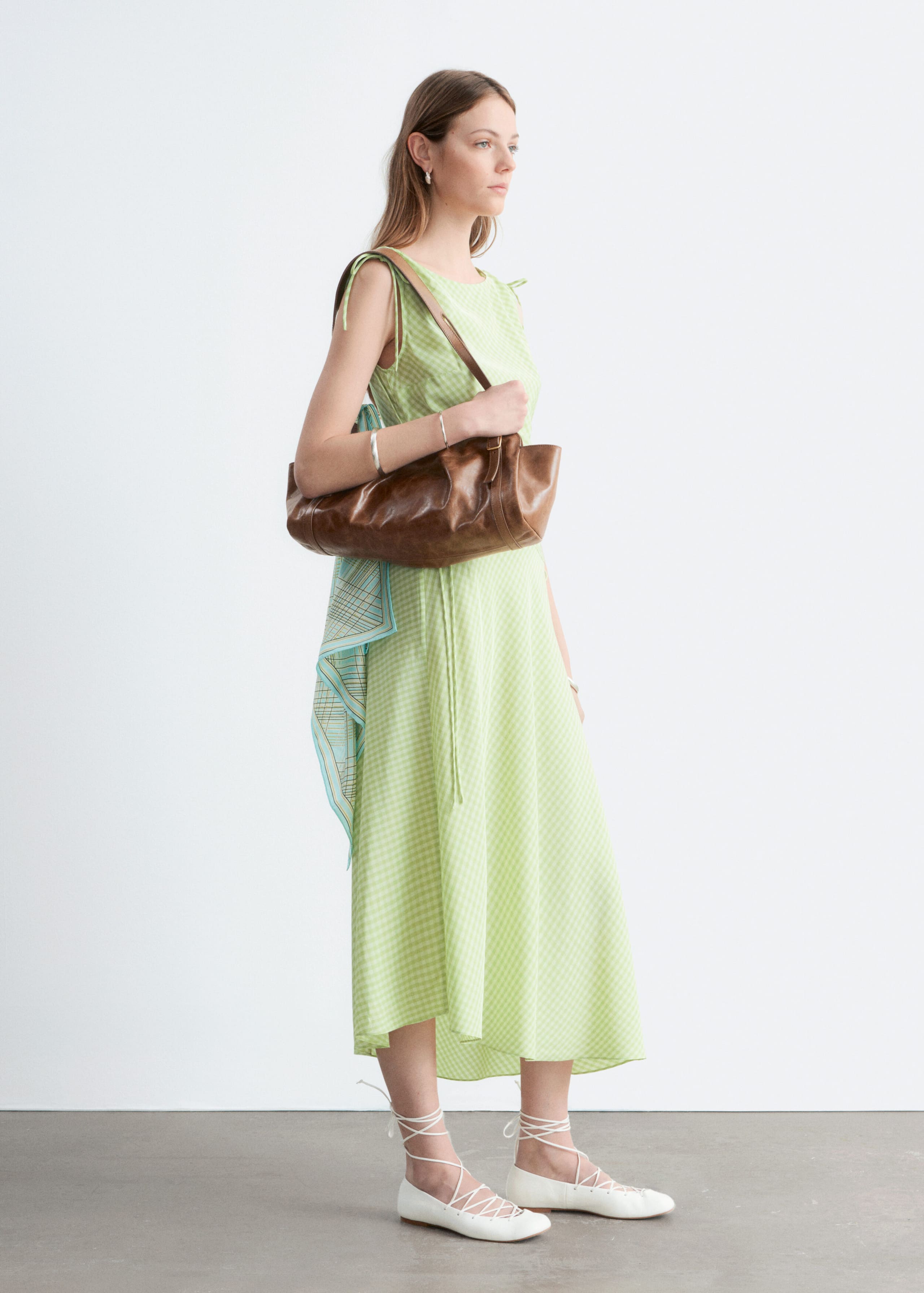 Asymmetric Draped Midi Dress - Light Green/Gingham Checked - Lookbook