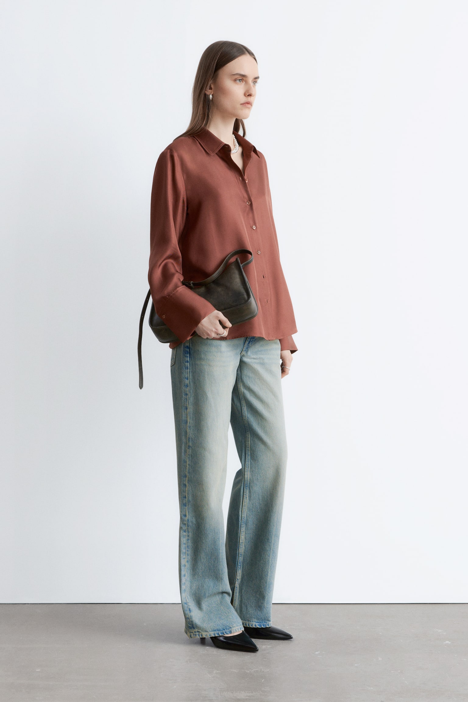 Luźna jedwabna koszula - Brązowy/Brązowy/białe groszki/Ciemnoniebieski - 5