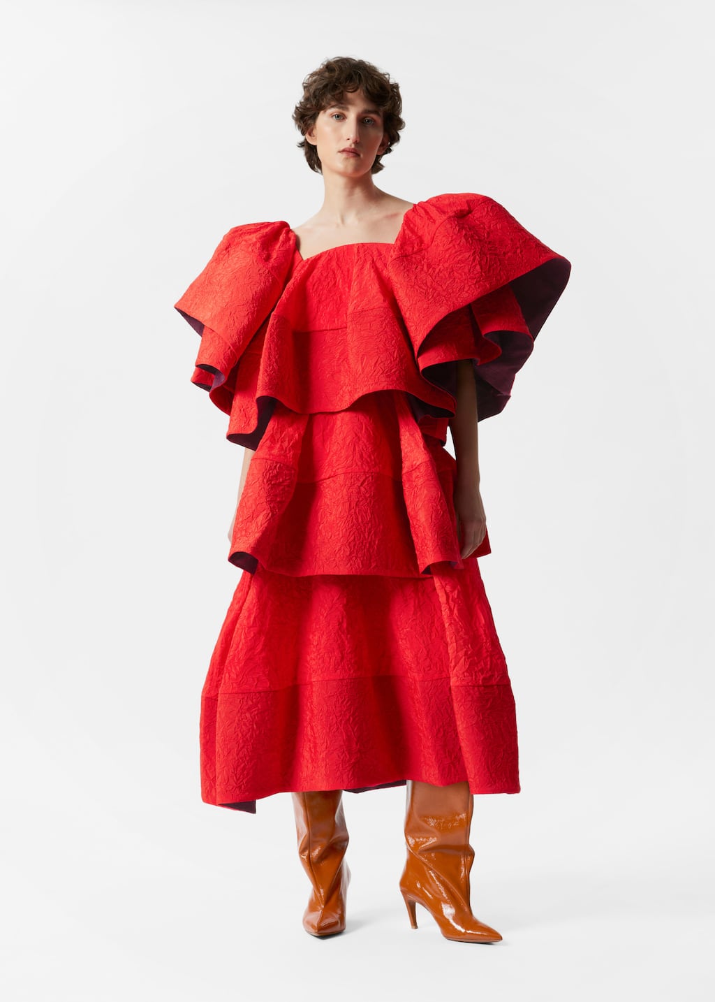 Vestido midi de jacquard con volantes - Rojo - Lookbook