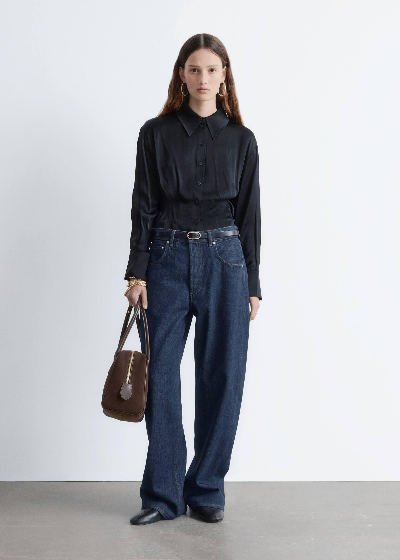 Tapered Satin Shirt - Black - 1