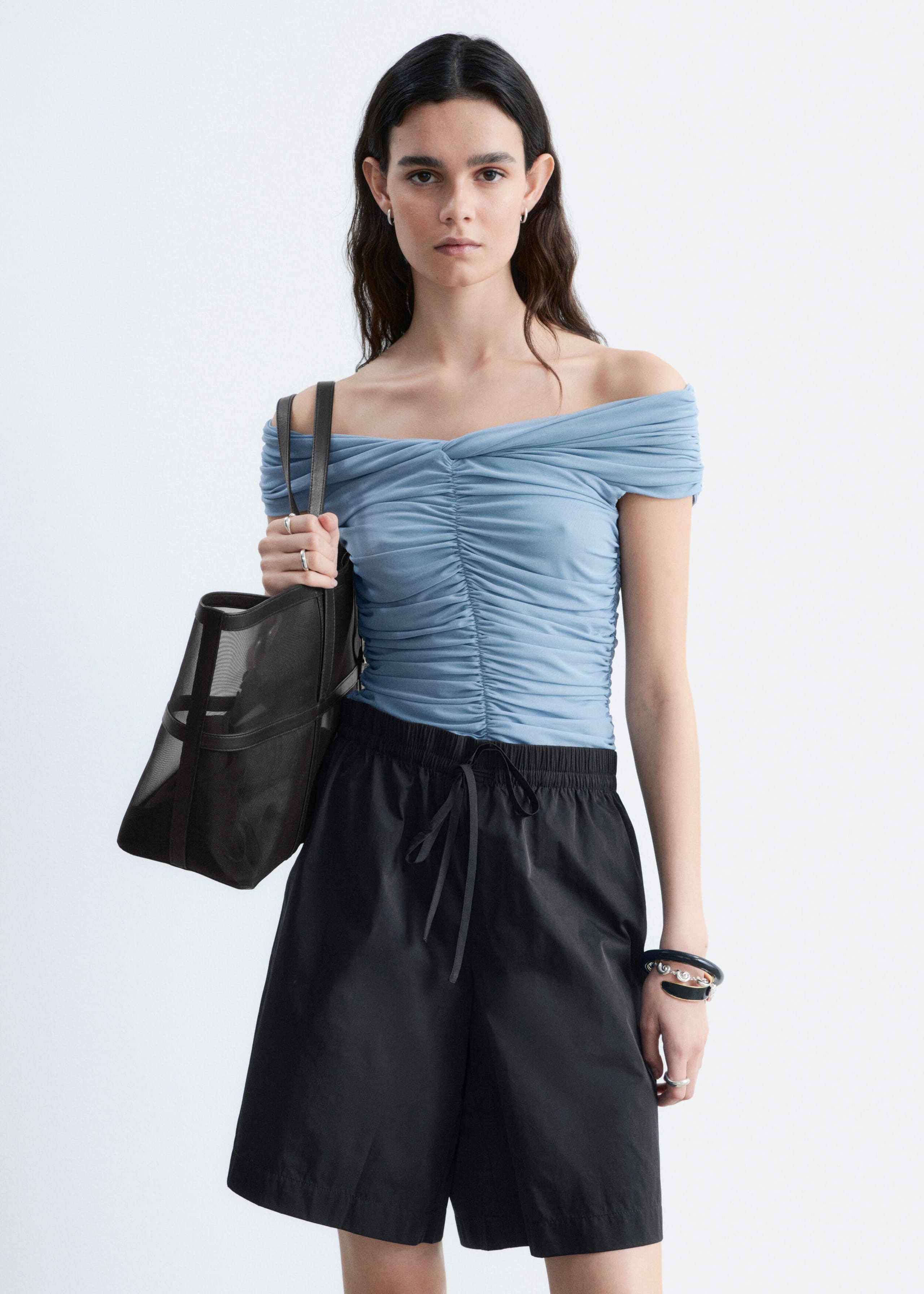 Ruched V-neck Mesh Top - Dusty Blue - Lookbook