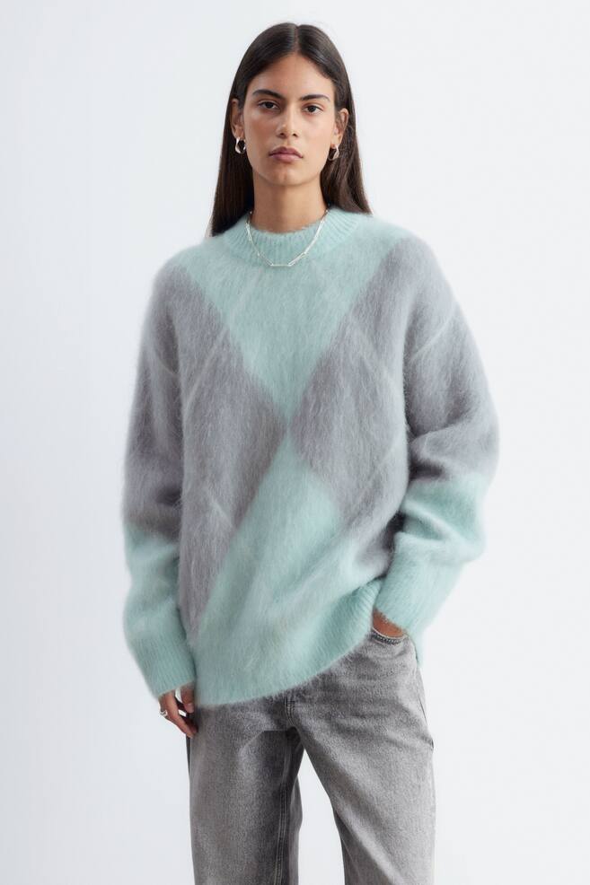 Jersey jacquard en mezcla de mohair - Verde claro/Gris/Crema/Marrón - 1