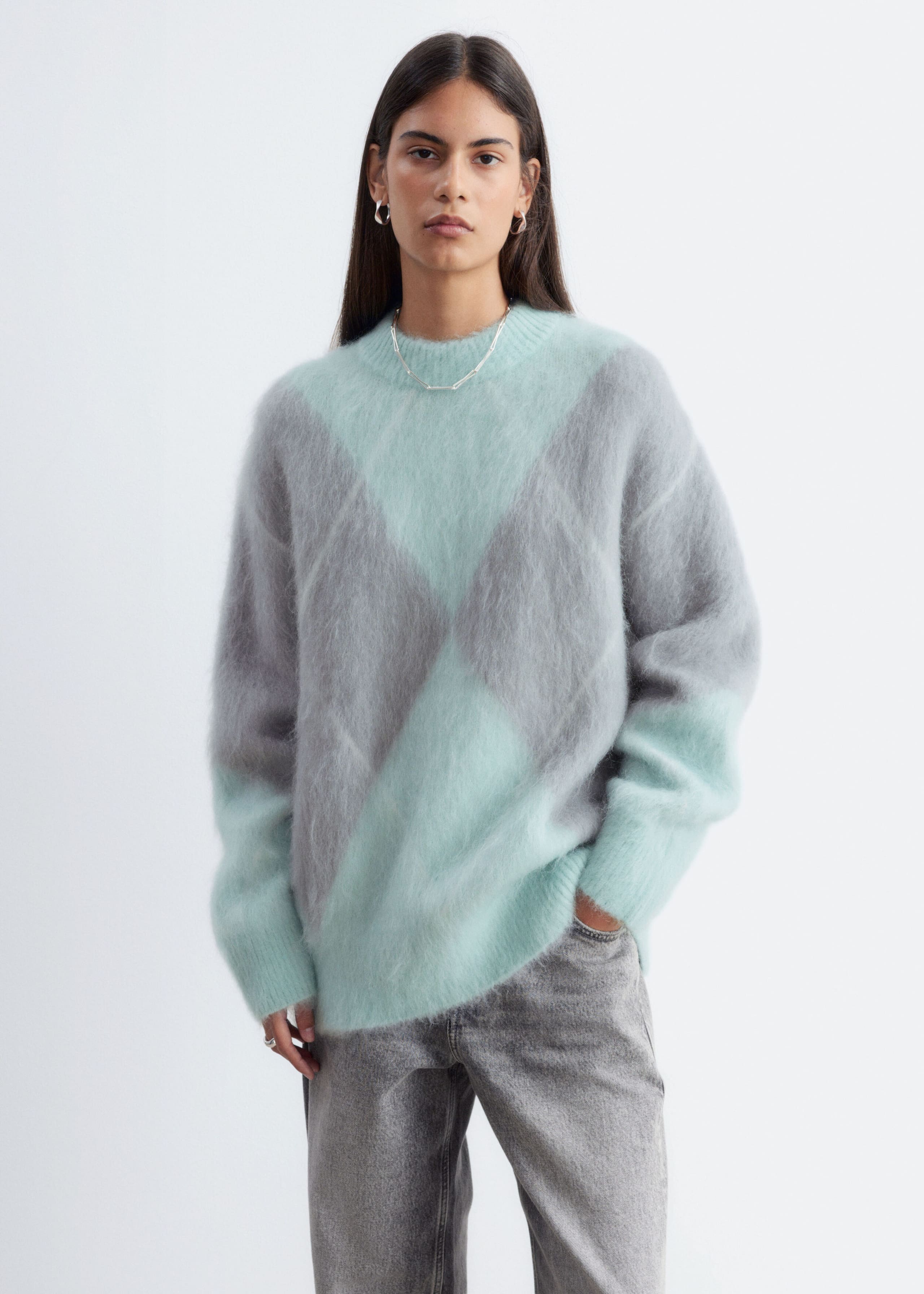 Pull en mohair mélangé à motif jacquard - Vert clair/Gris - Lookbook