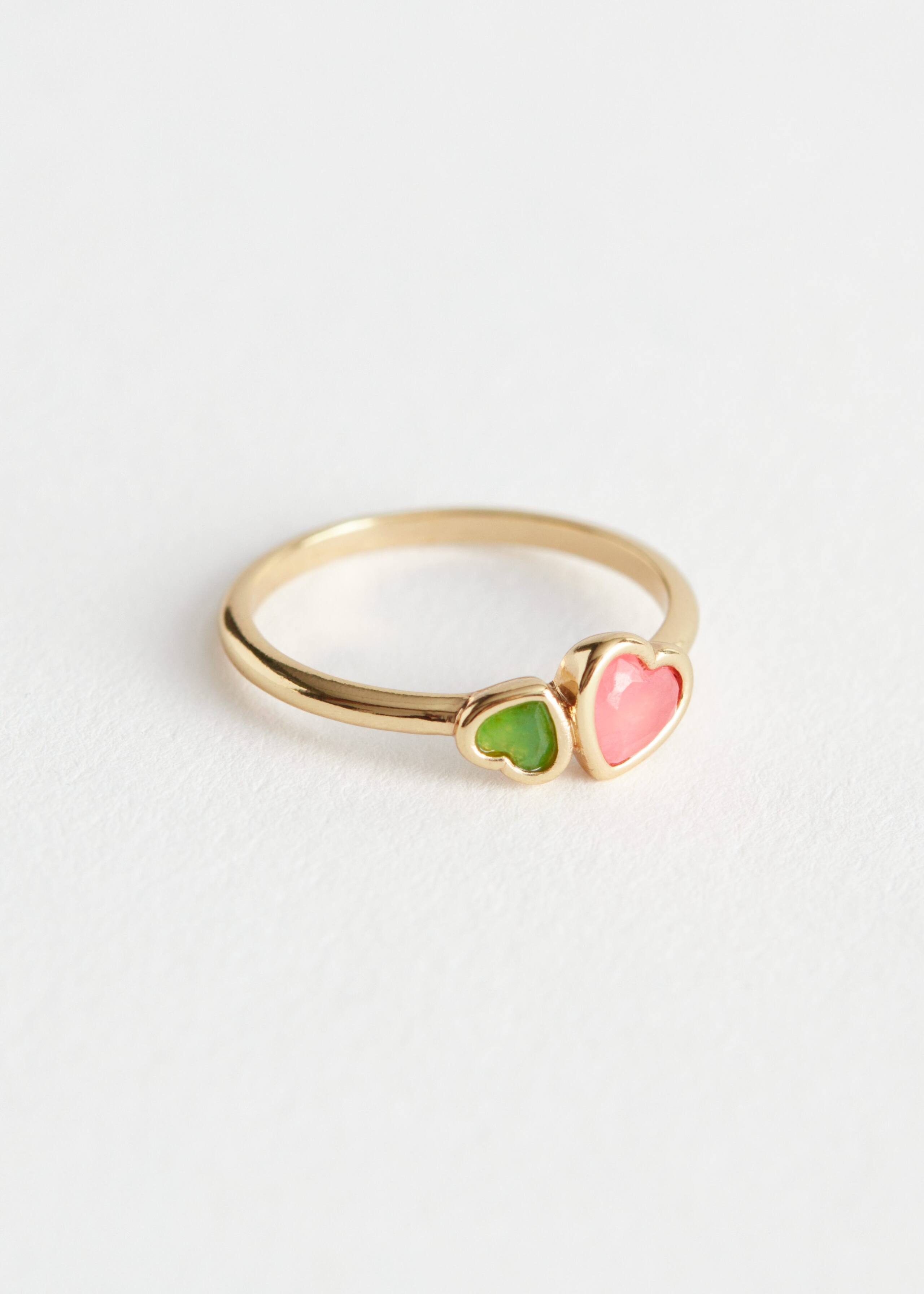 Duo Heart Stone Pendant Ring - Pink and Green - Still Life