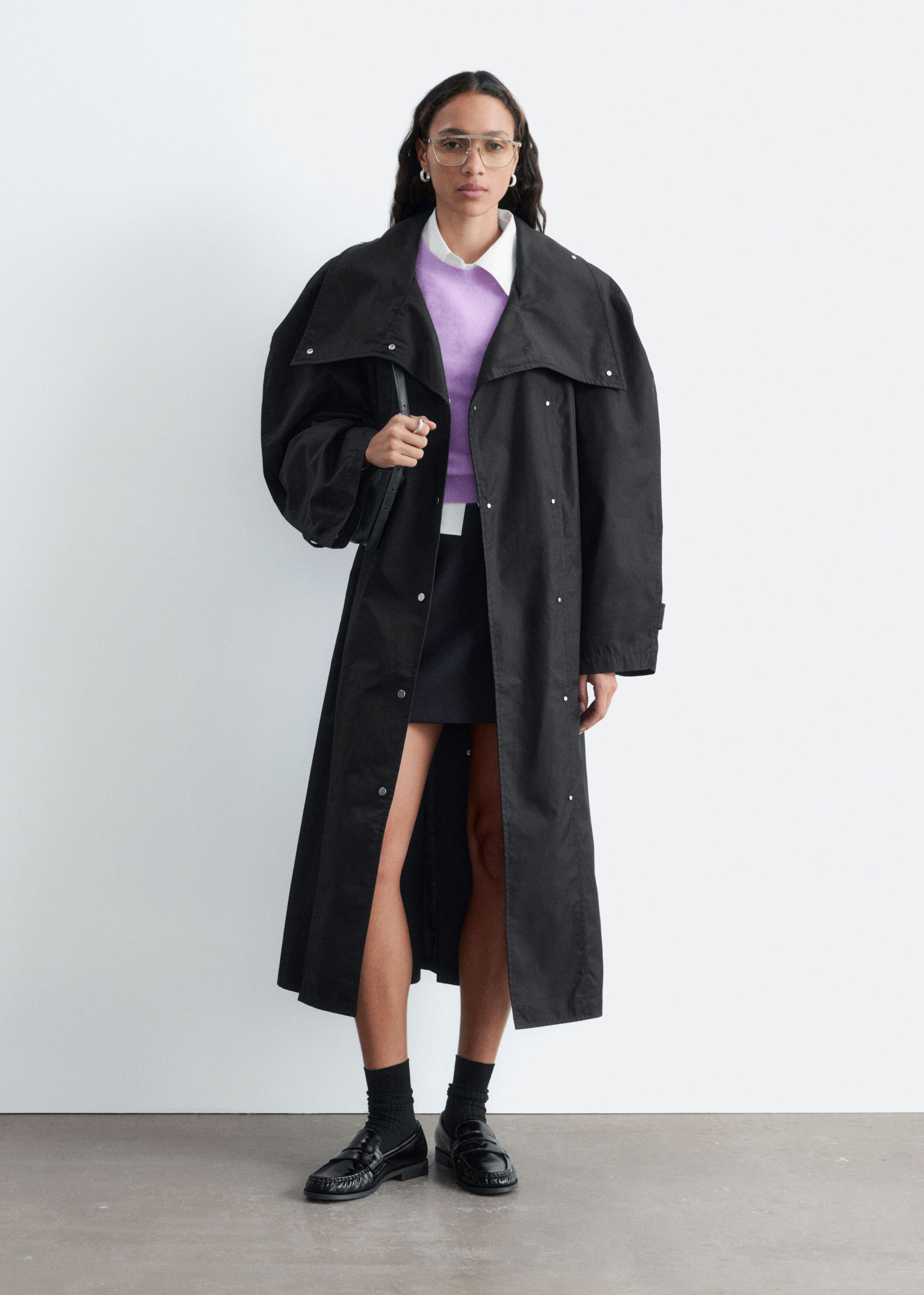 Bold-Shoulder Belted Coat - Black - Lookbook