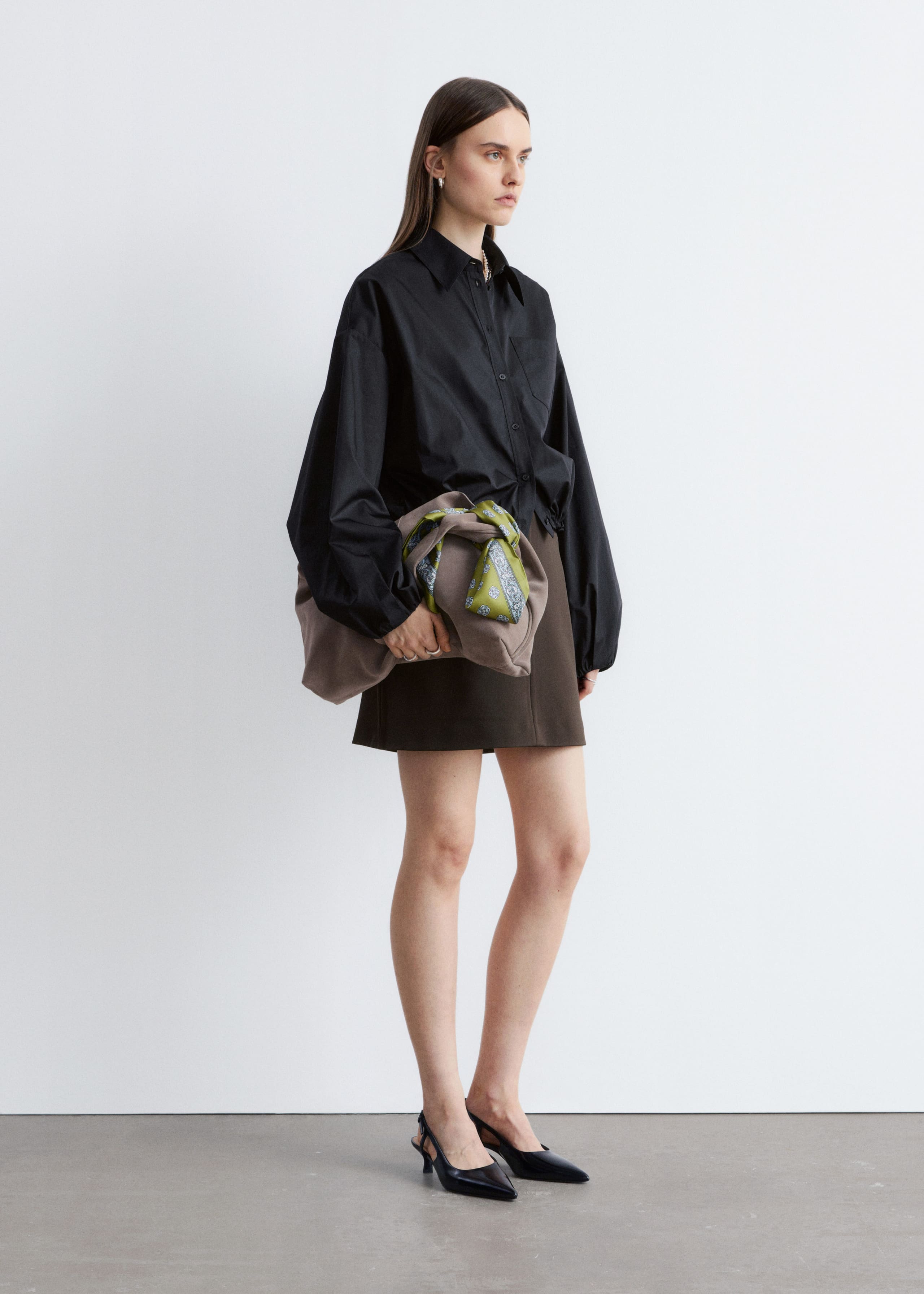 Cropped Drawstring Shirt - Black - Lookbook