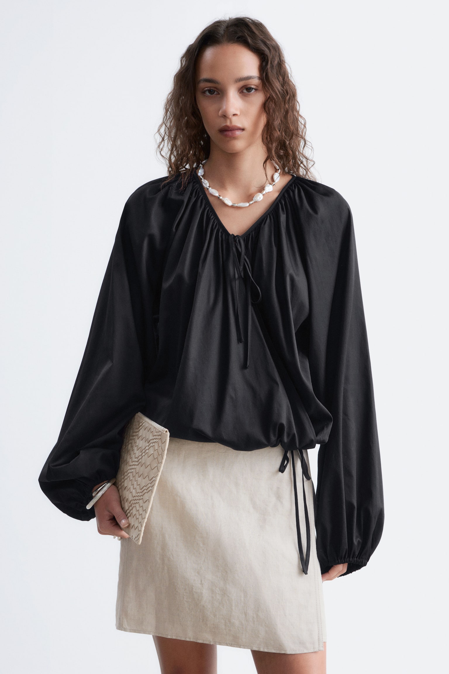 Wrap Cotton Blouse - Black/Light Blue/White/Black Dots - 1