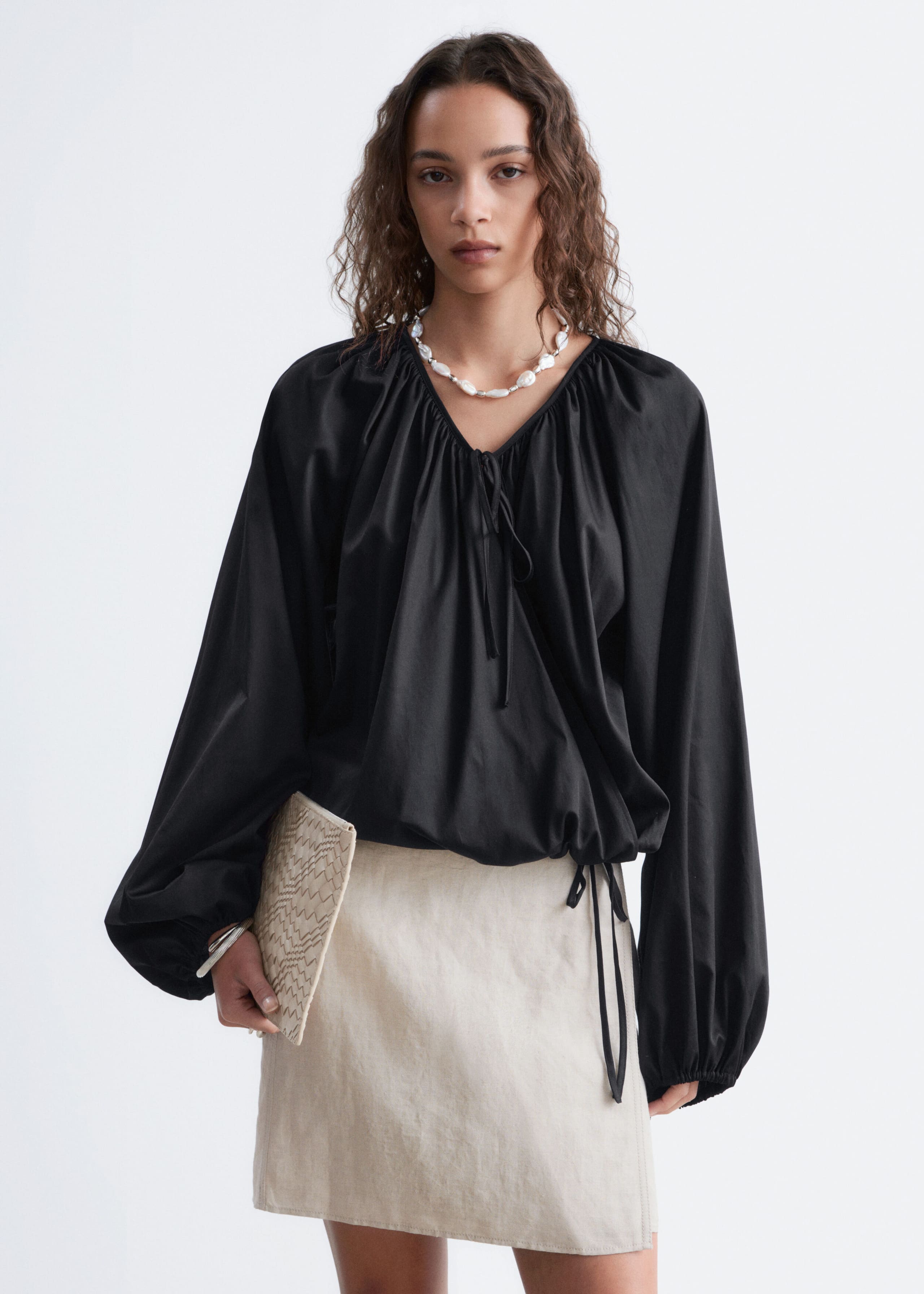 Wrap Cotton Blouse - Black - Lookbook