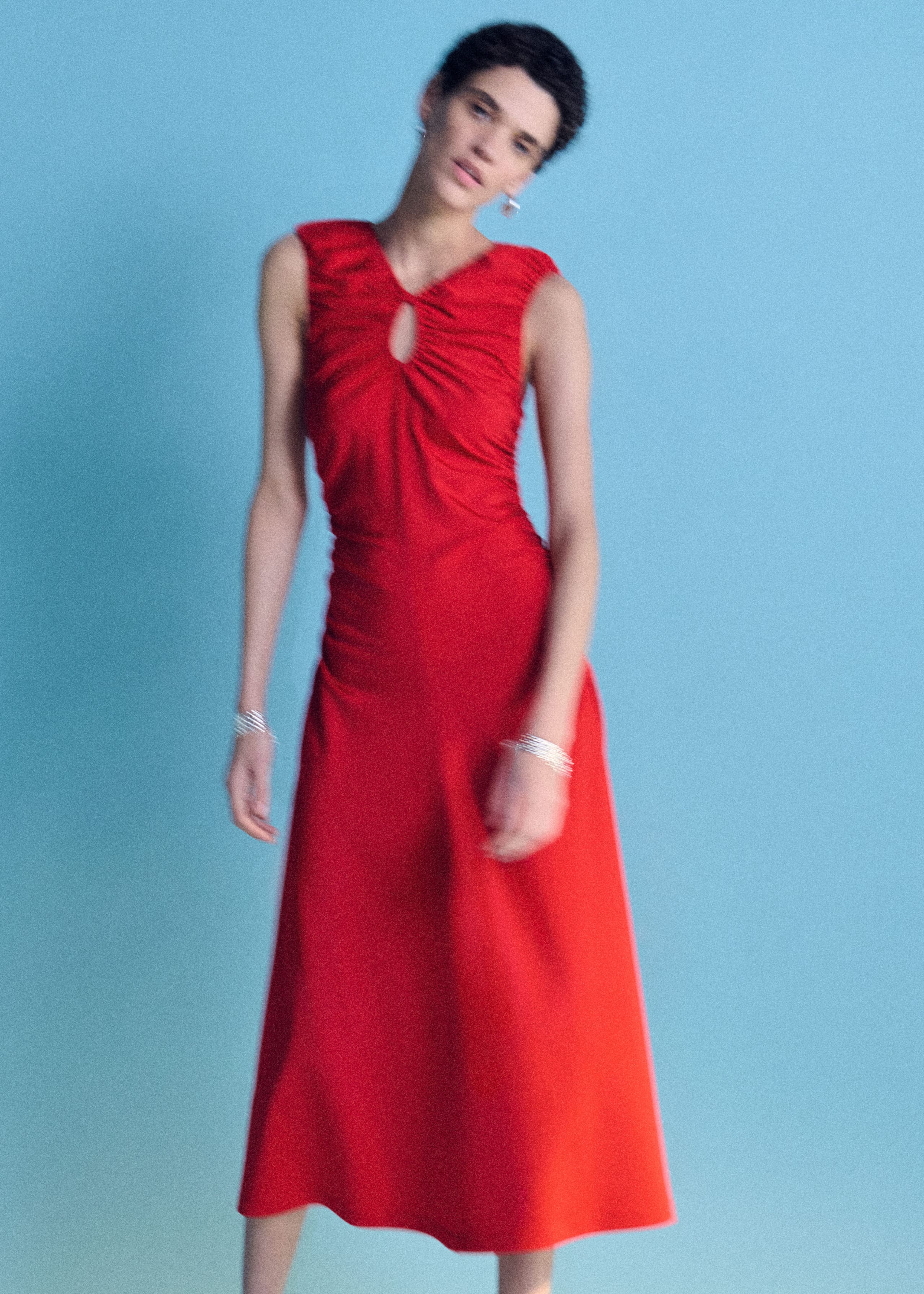 Image of Ruched Keyhole-Neck Midi Dress