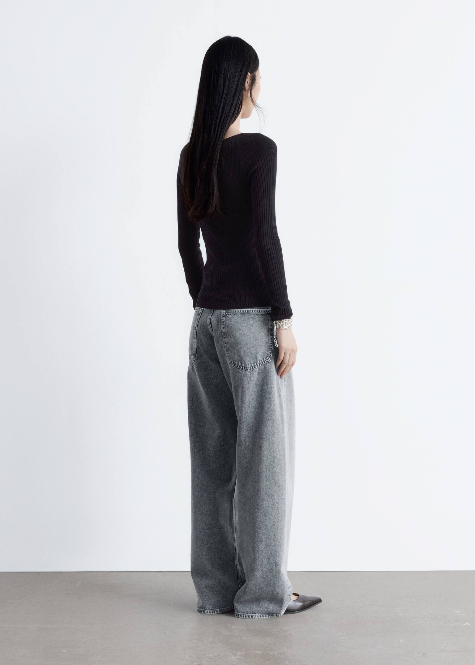 Boat-Neck Rib-Knit Top - שחור - 7
