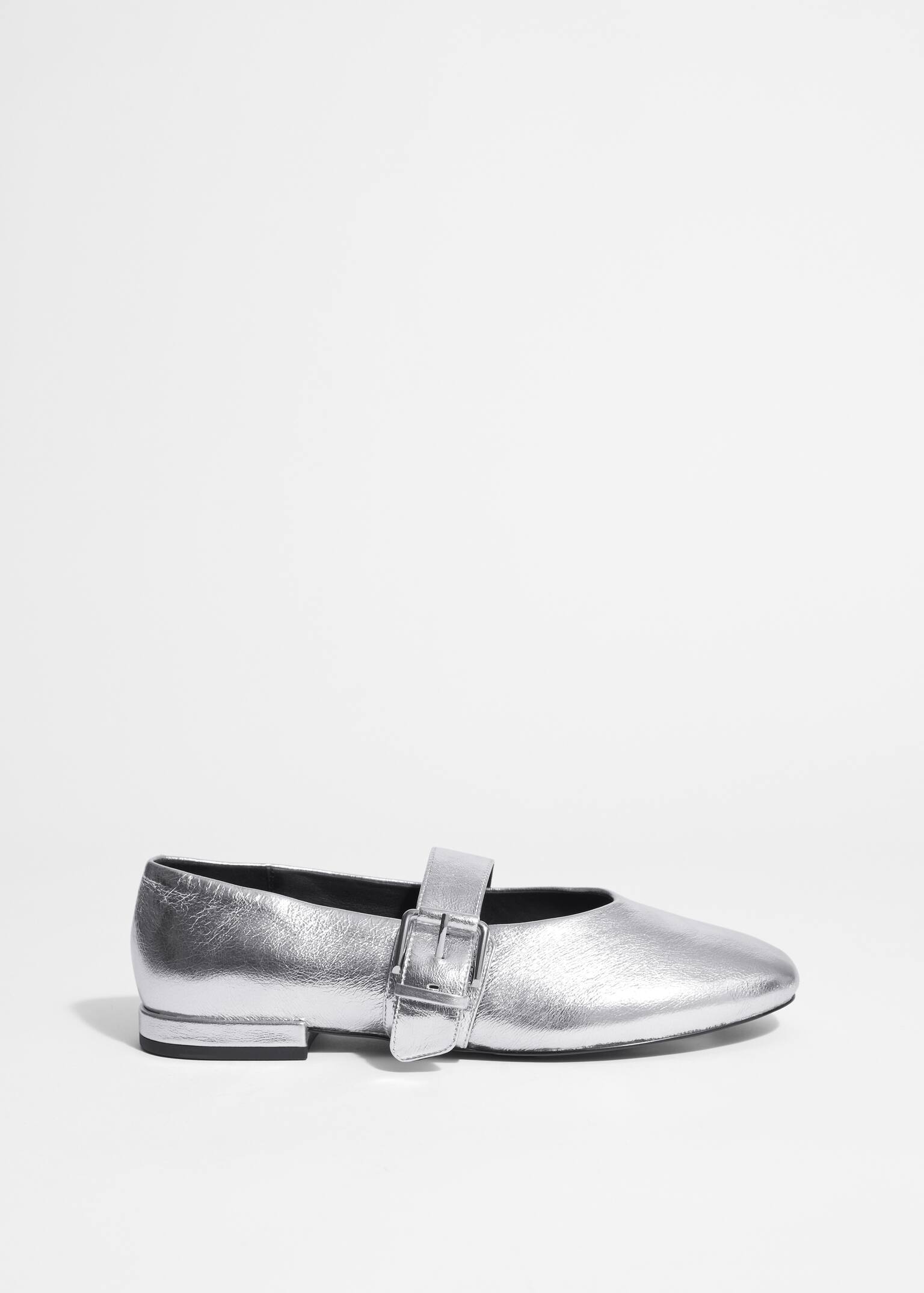 Leder-Ballerinas mit Schnalle - Silber/Schwarz
