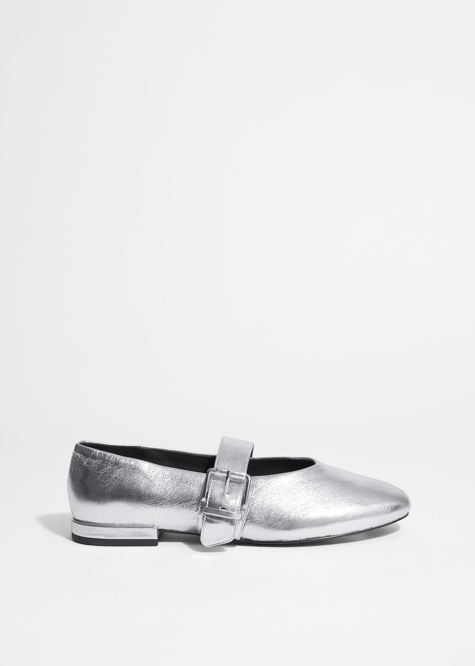 Leder-Ballerinas mit Schnalle - Silber/Schwarz