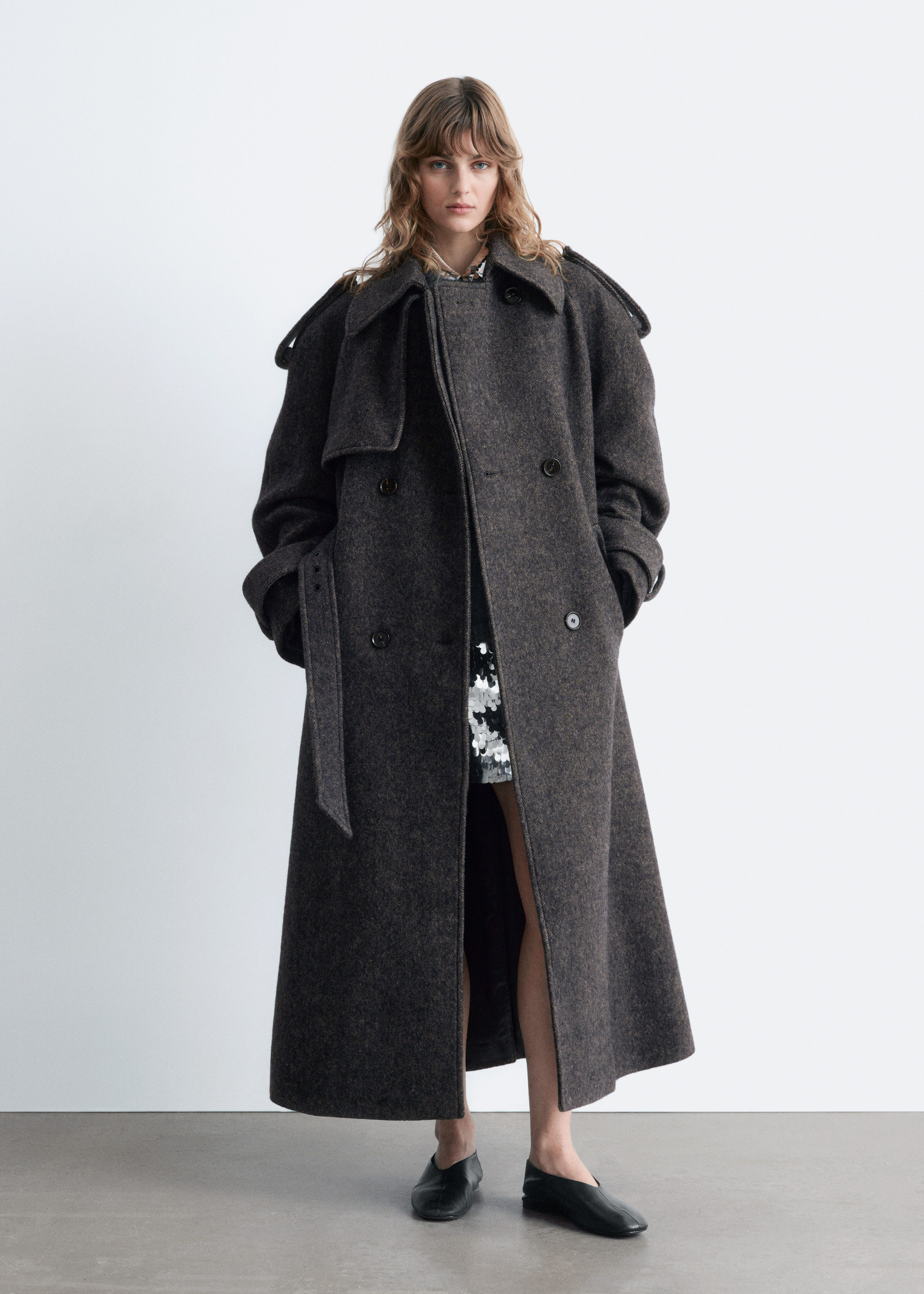 Wool-Blend Trench Coat - Dark Grey Herringbone Pattern - & Other