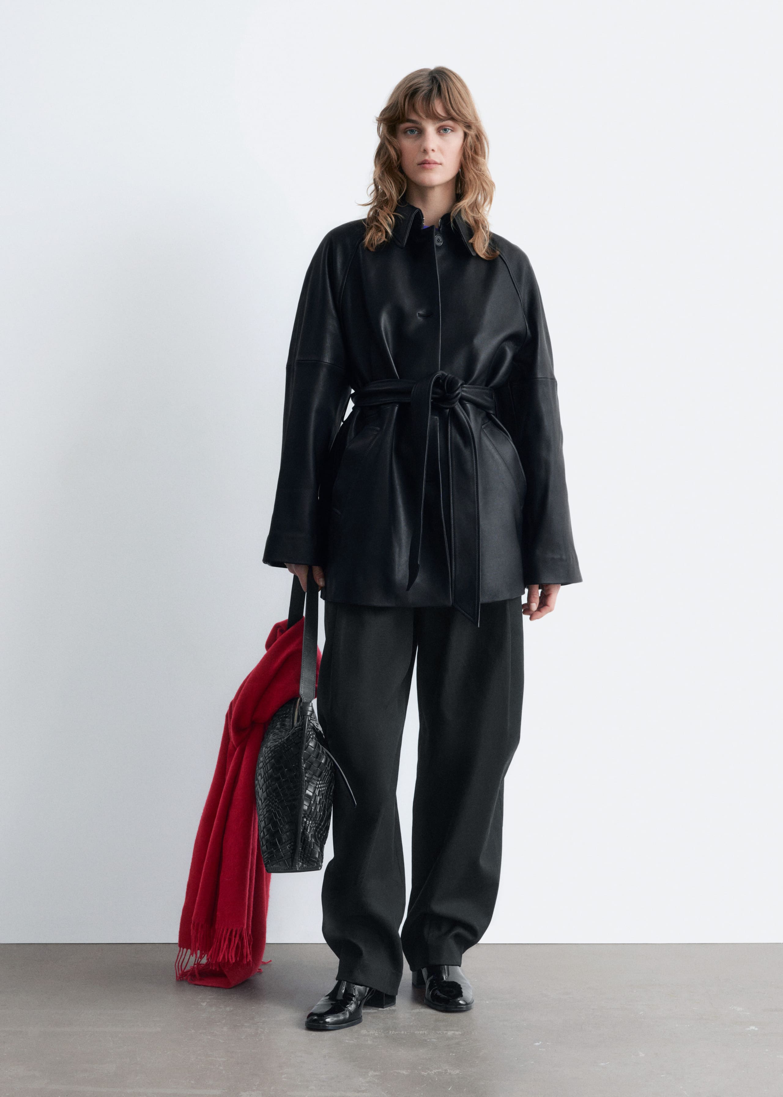 Image of Tie-Belt Leather Coat