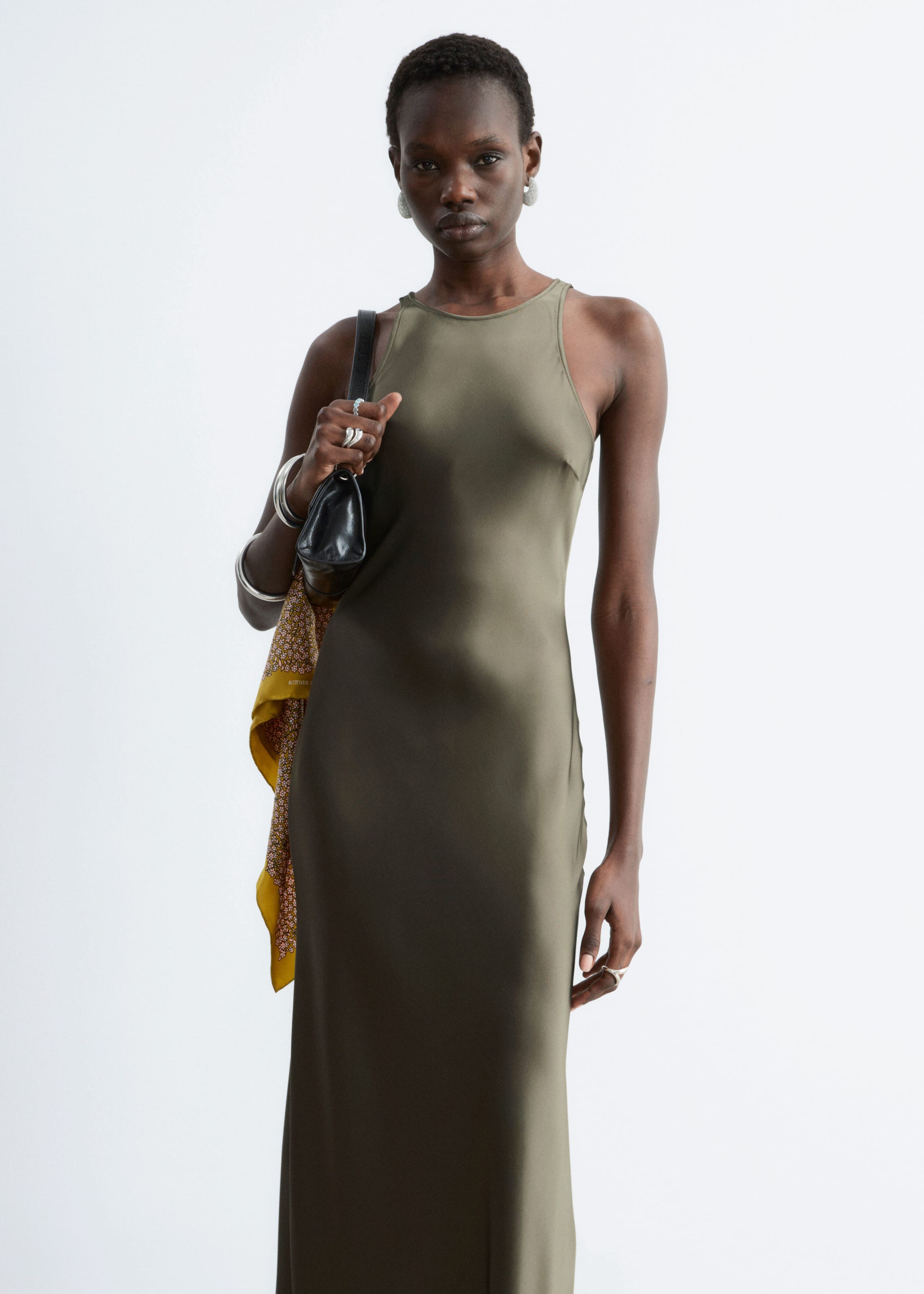 Sleeveless Satin Midi Dress - Black - Lookbook