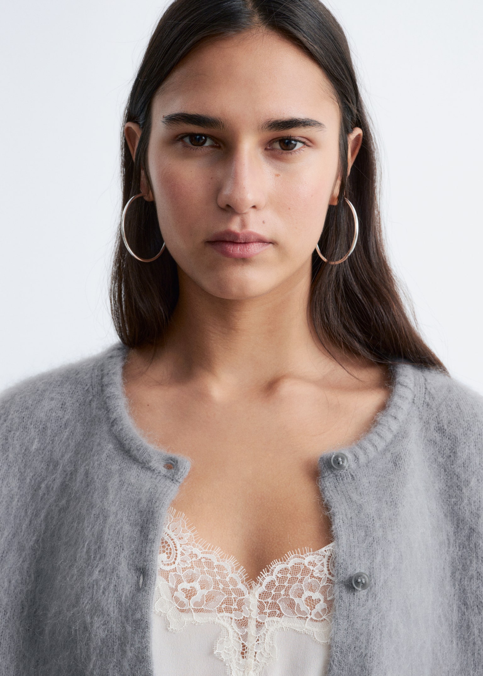 Cardigan i børstet mohairblend - Lysegrå/Knaldrød/Marineblå - 7