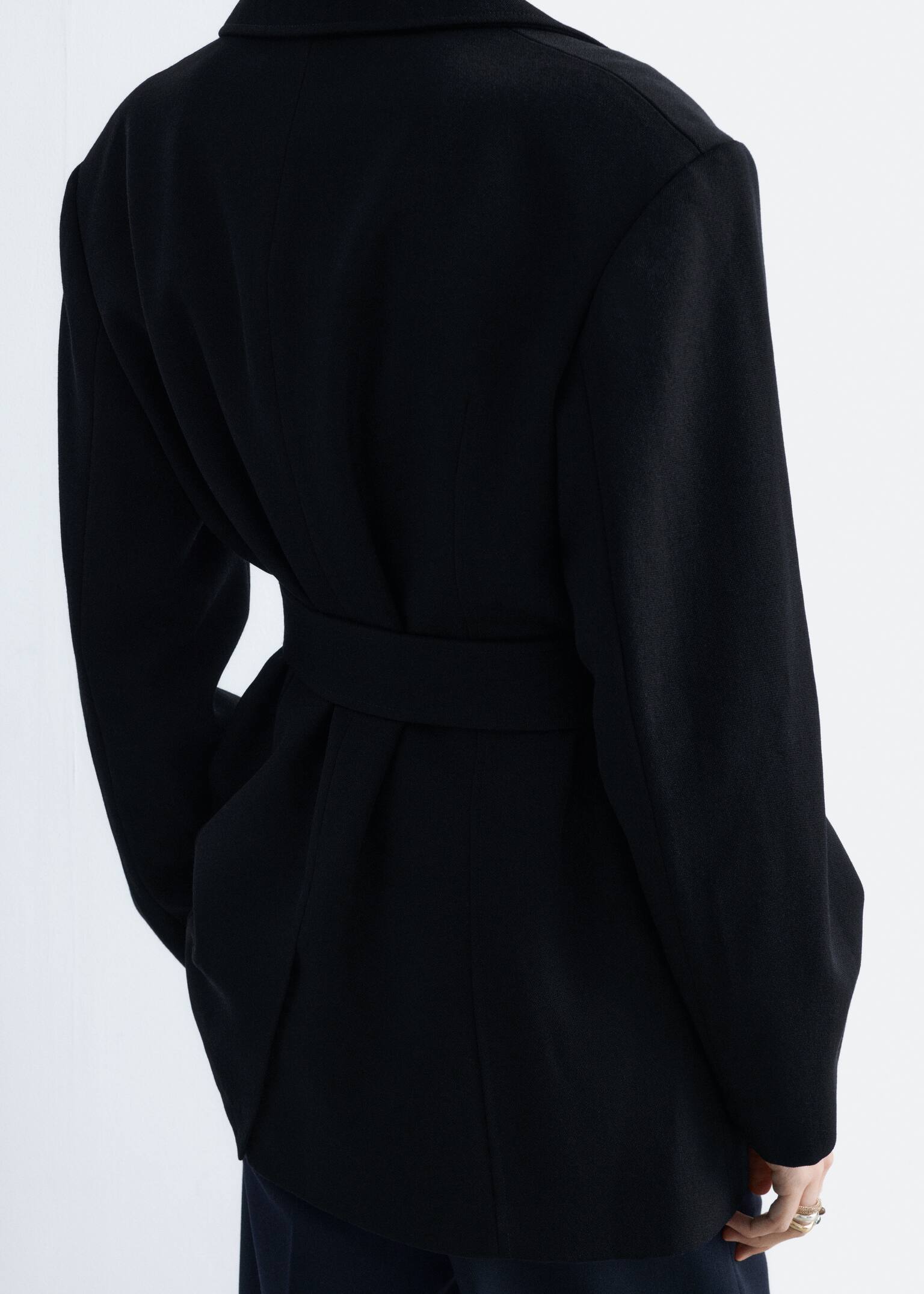 Wollblazer mit Bindegürtel - Schwarz - 3