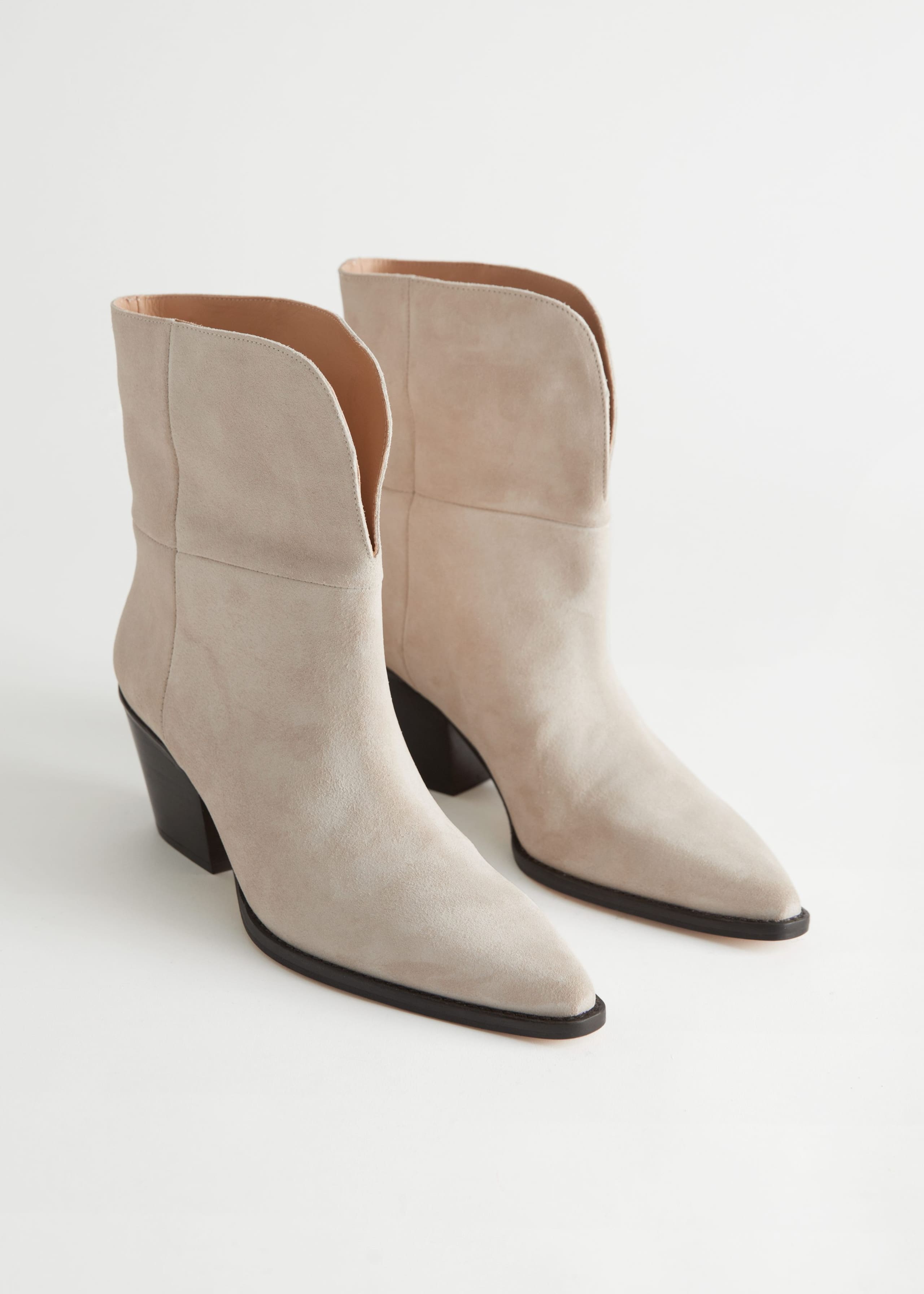 Pointed Suede Block Heel Boots - Beige - Still Life
