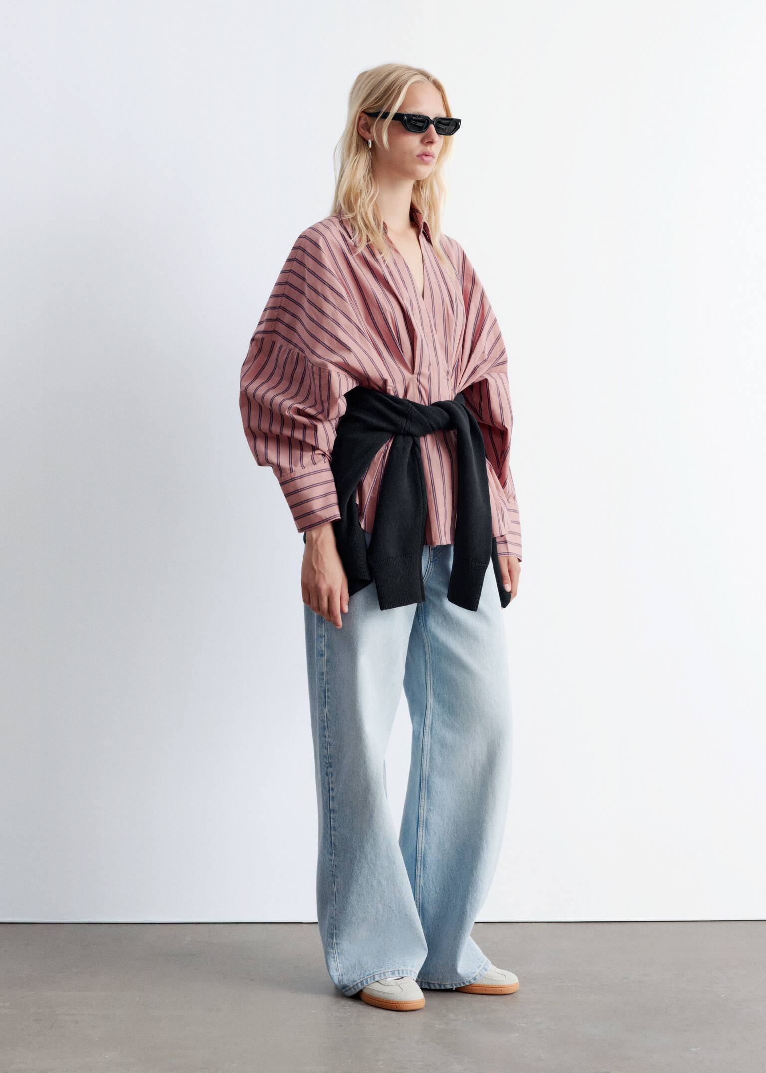 Chemise ajustée en coton - Rose poudré/Rayures/Marron foncé