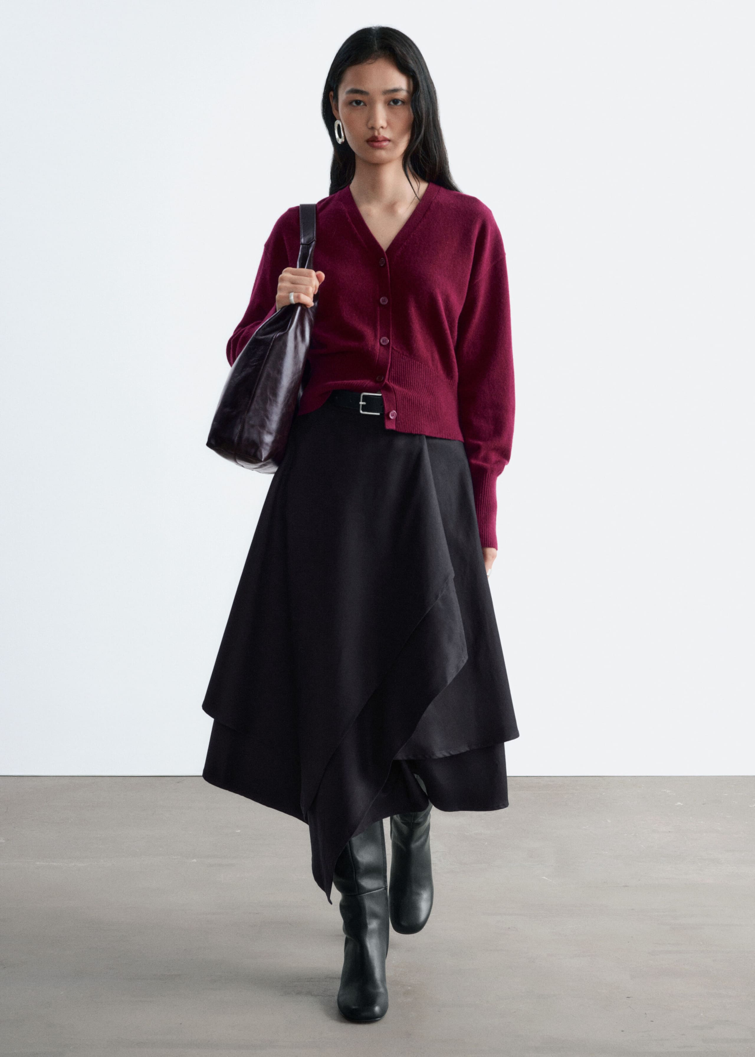 Wool Corset Rib Cardigan - Burgundy - Lookbook
