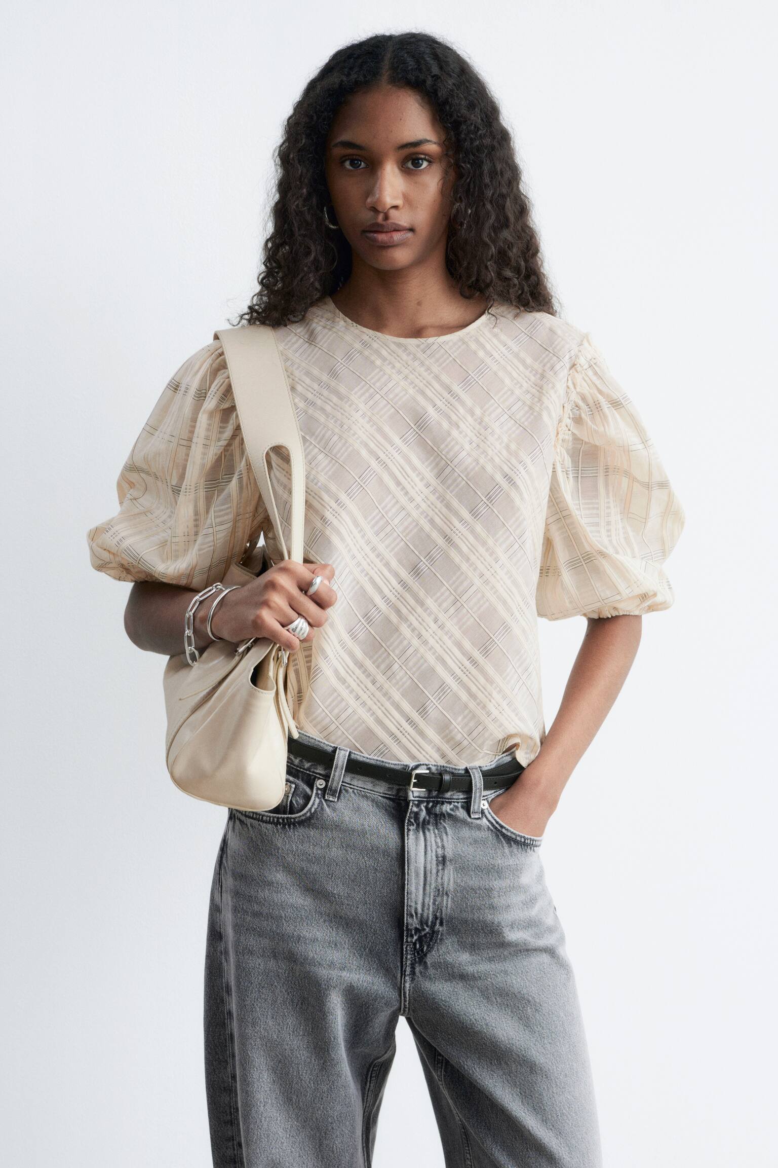 Bluză din Jacquard cu Mâneci Bufante - Bej/Tartan/Galben - 5