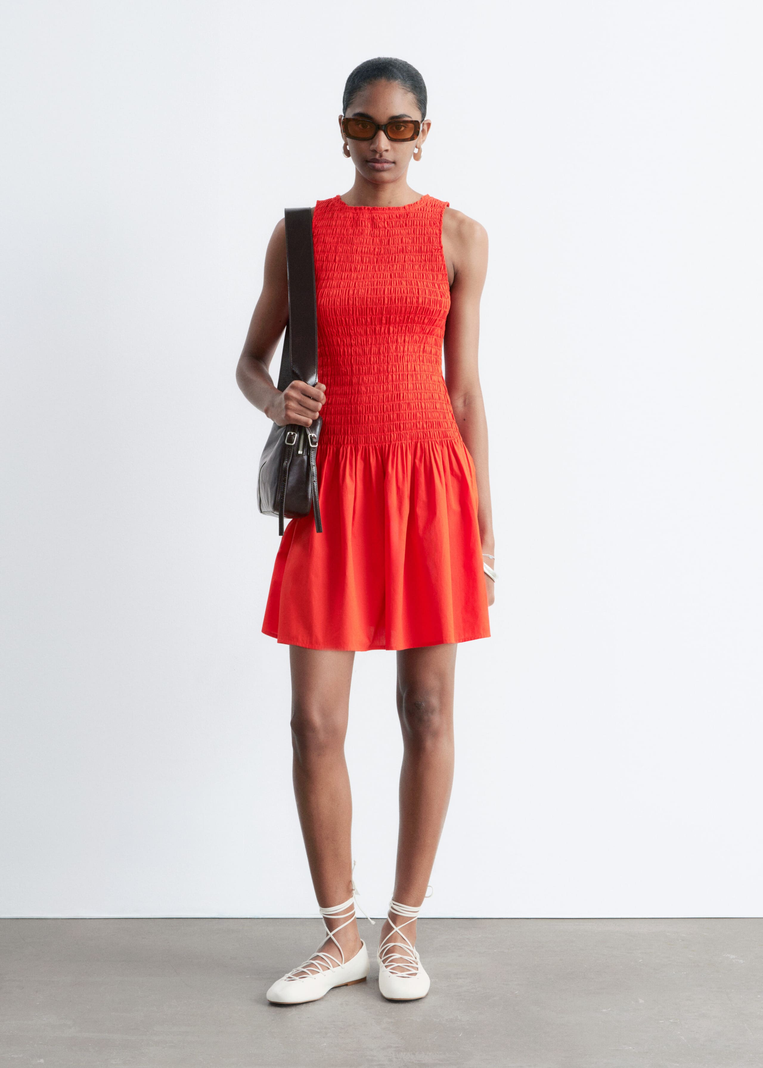 Smocked Cotton Poplin Mini Dress - Dark Brown - Lookbook