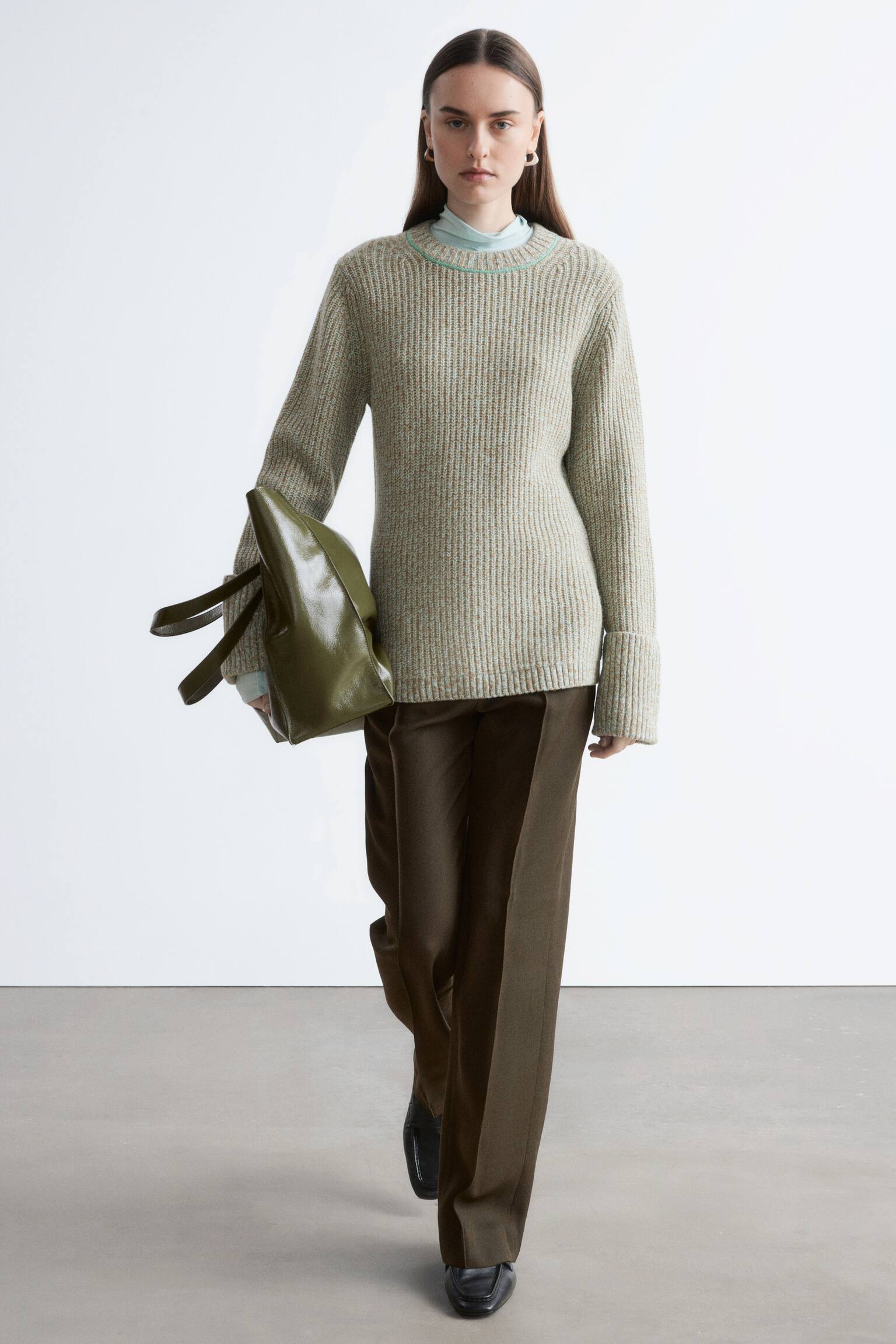 Vlněný svetr s ozdobným prošitím - tyrkysová melange - 4