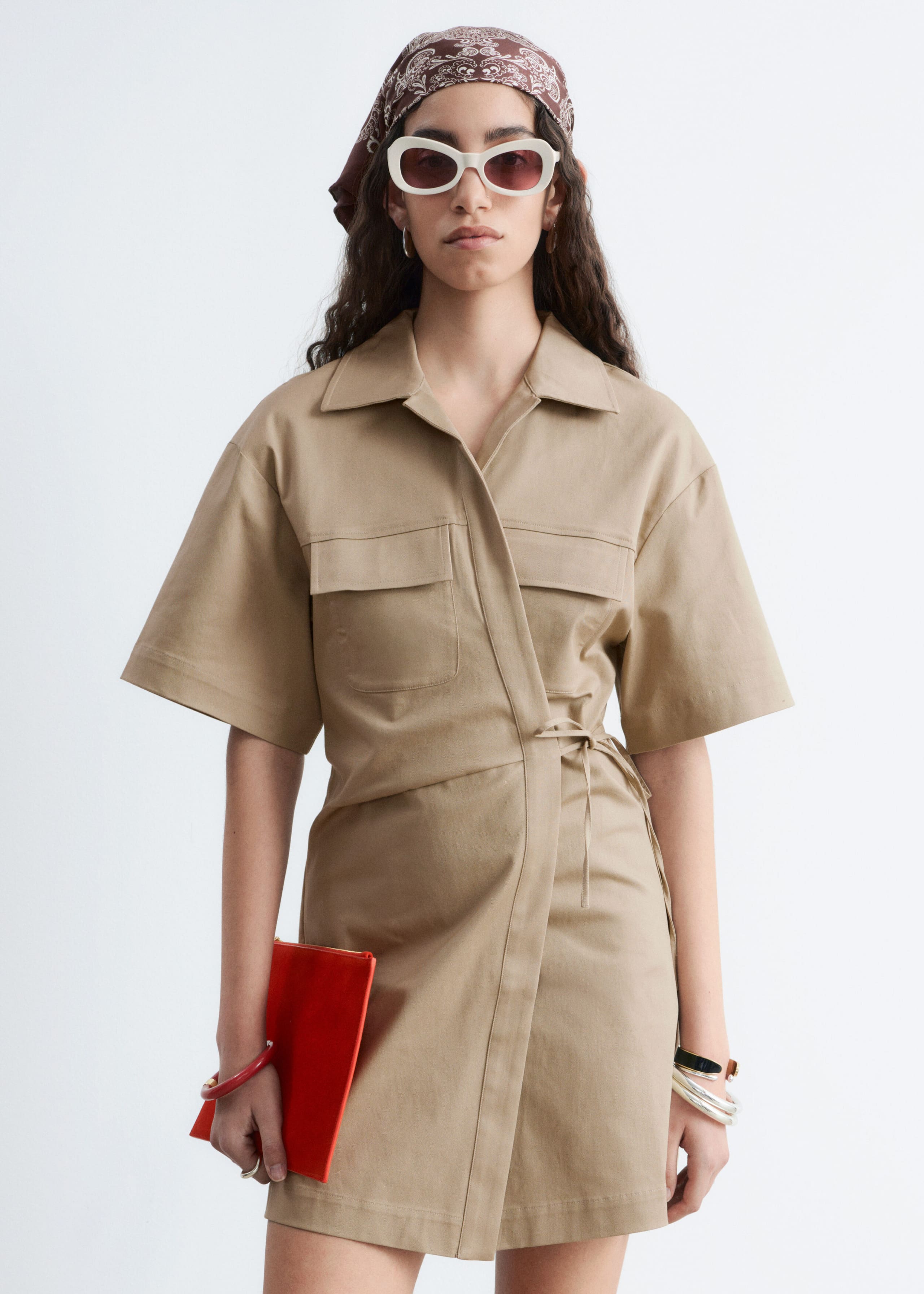 Wrap-Front Mini Dress - Beige - Lookbook